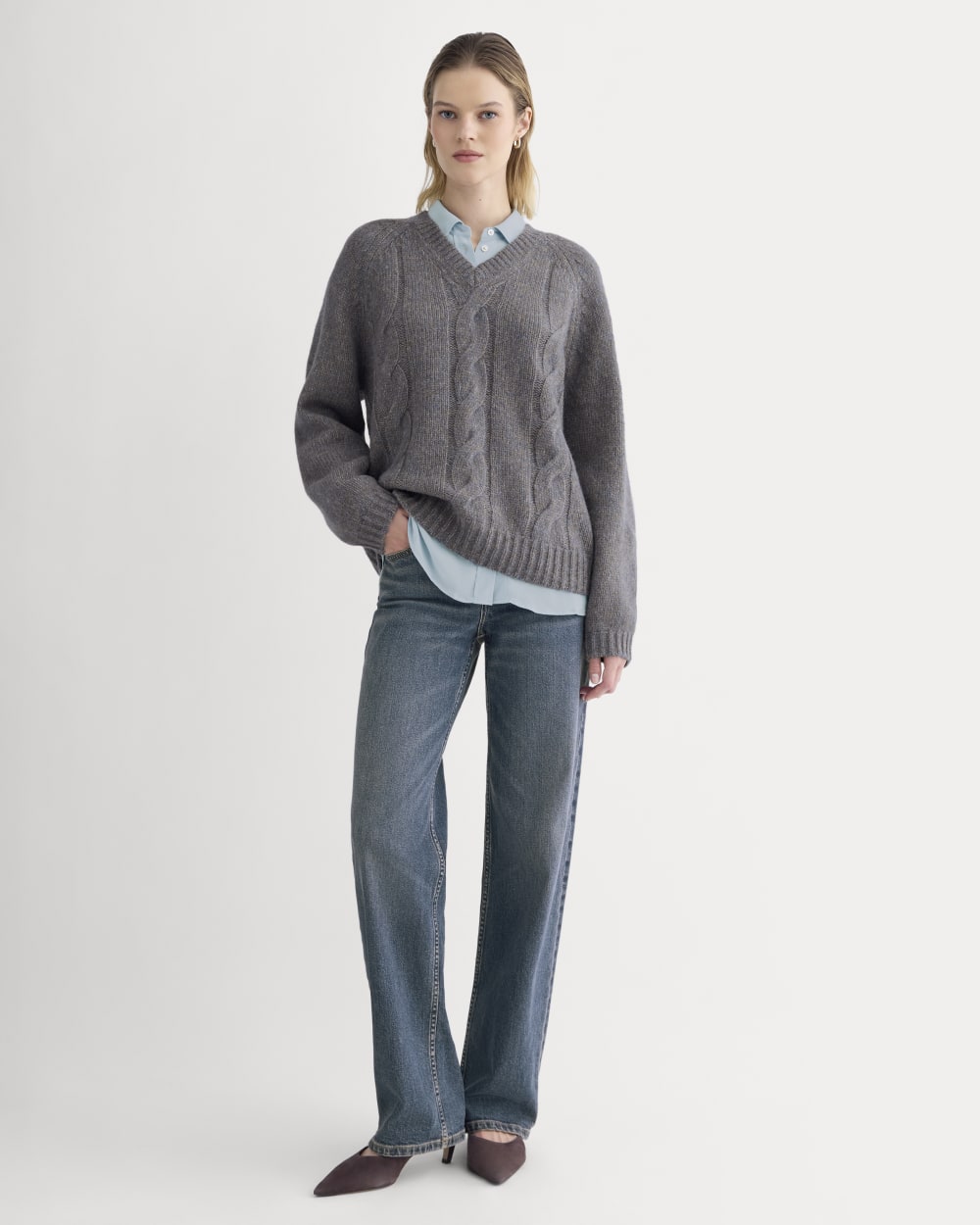Cloud Cable V-Neck Sweater in Blue Multi Twist — detail view