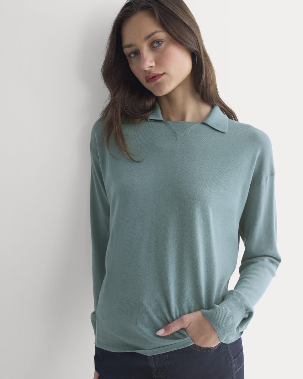 Oversized Polo in Ultrafine Merino in Gray Mist — front view