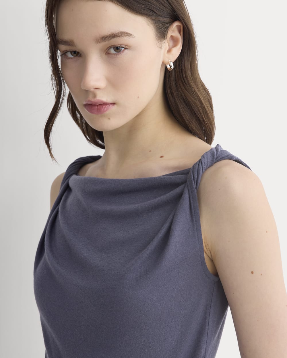 Cowl Neck Twist Tank in Butterluxe in Graystone — detail view