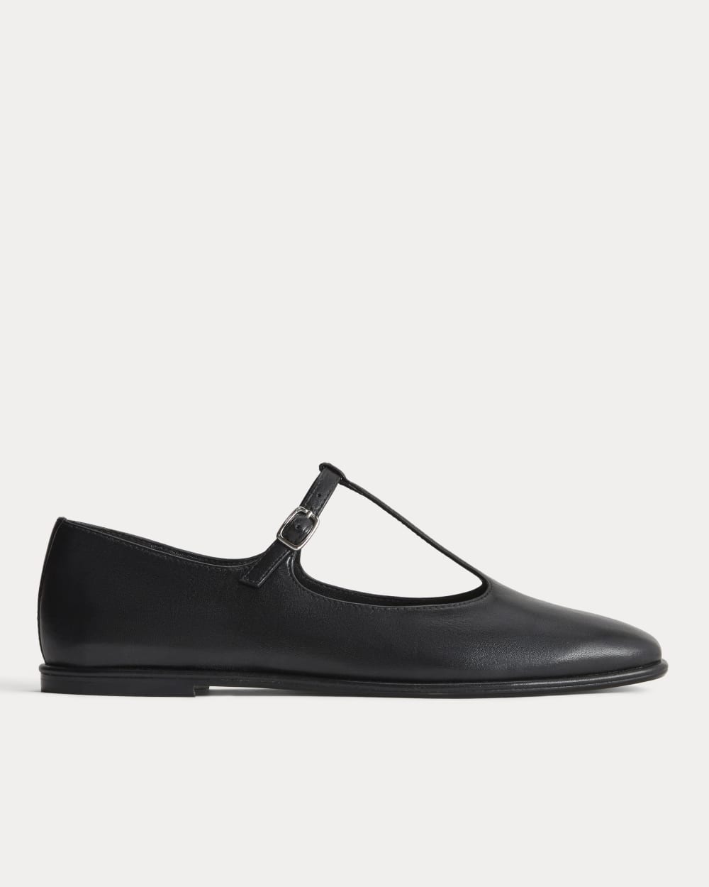 The Leather T-Strap Flat in Black — front view