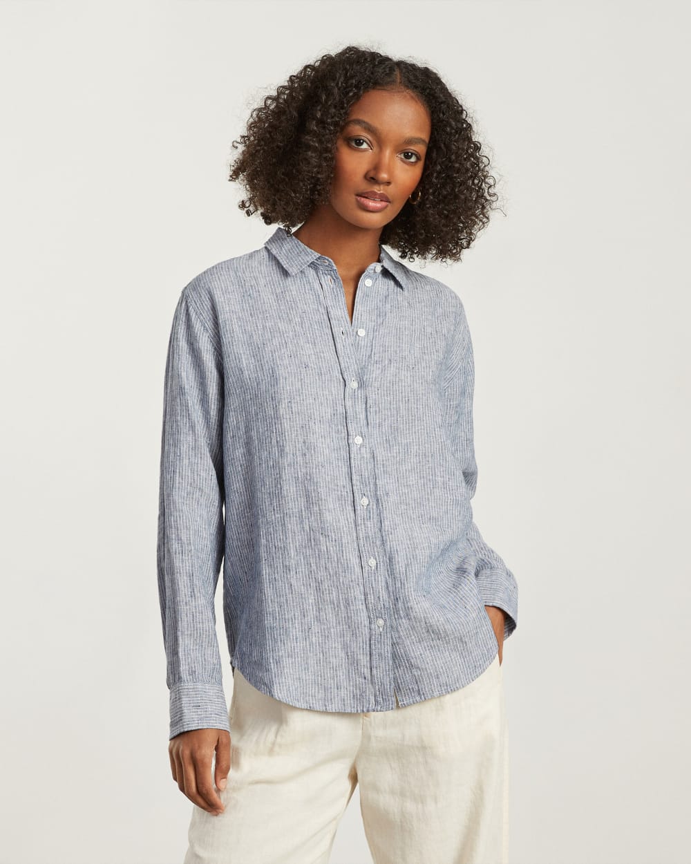The Must-Have Shirt in Linen in Blue Pinstripe — detail view