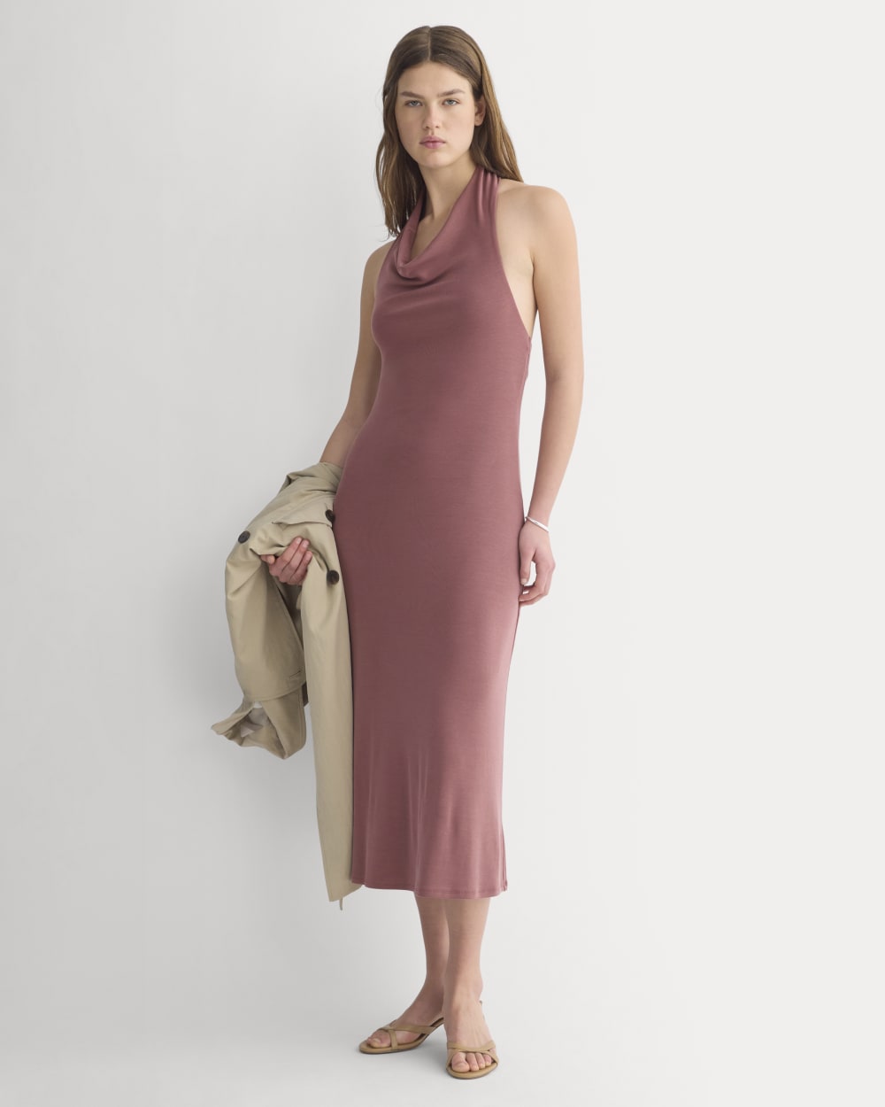 Cowlneck Halter Dress in Butterknit in Washed Henna — front view