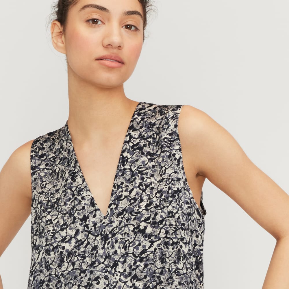 The Satin V-Neck Top in Splatter — detail view