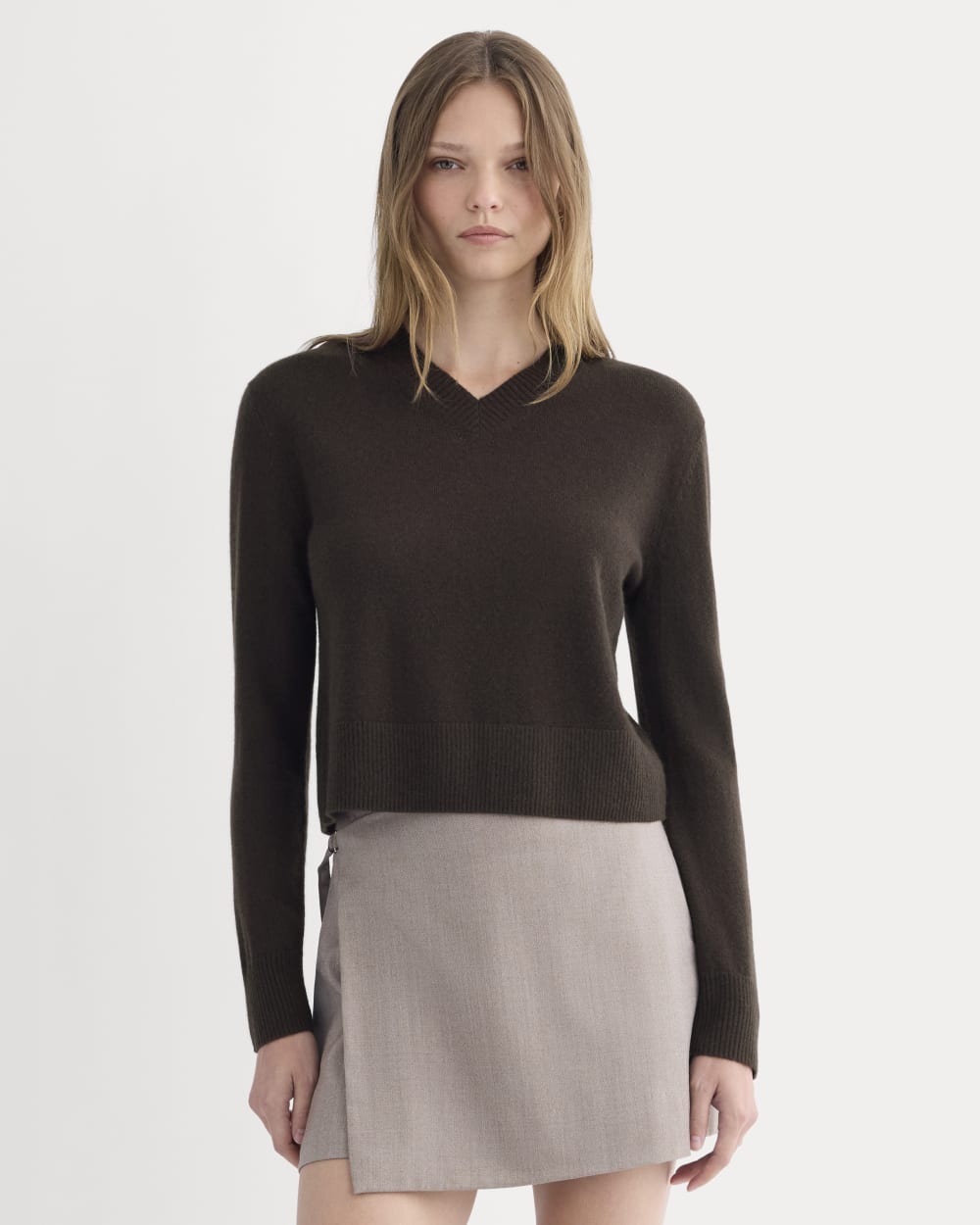 Cashmere Cropped High-V Sweater in Dark Chocolate — front view