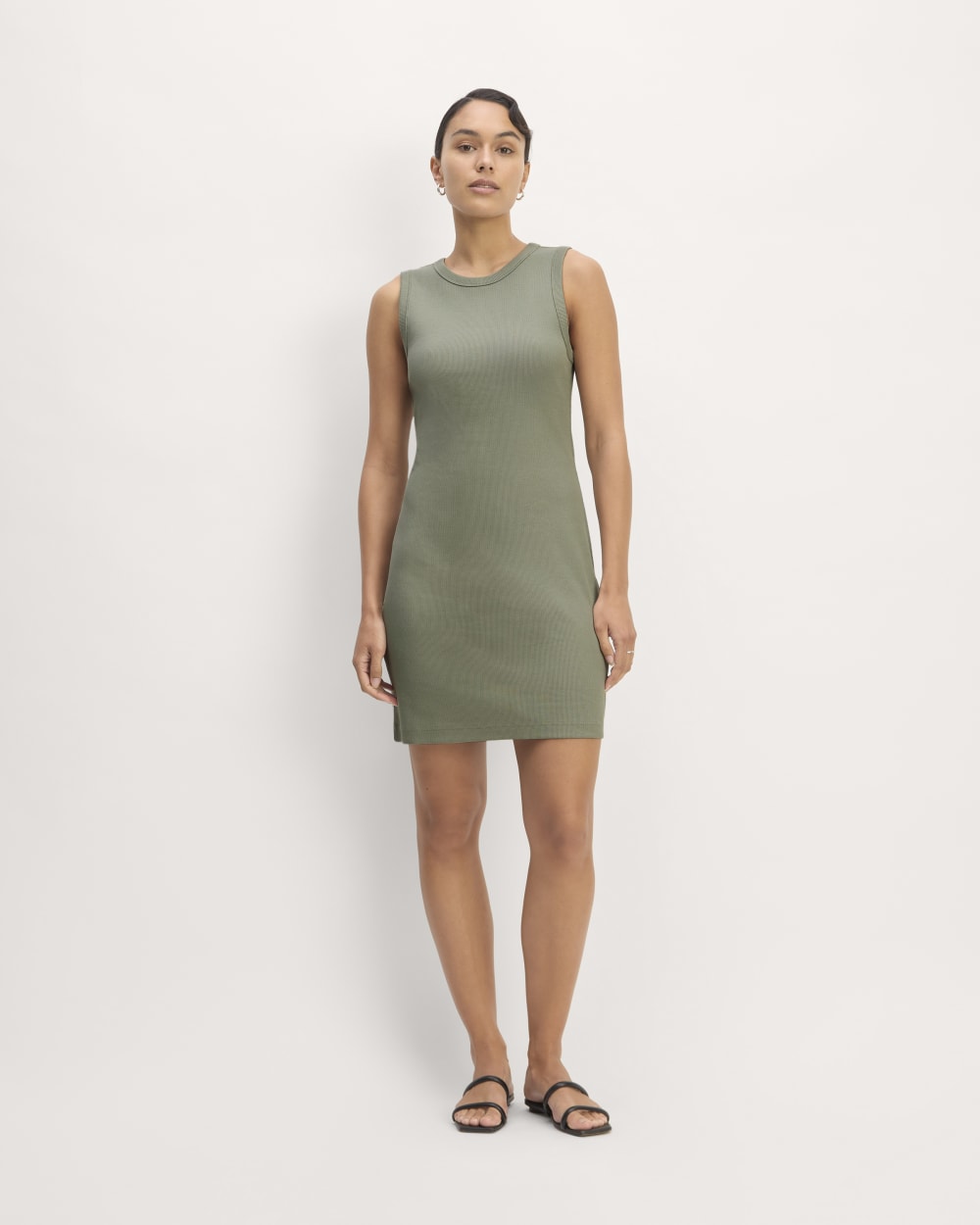 The Ribbed Mini Dress in Sage Green — detail view