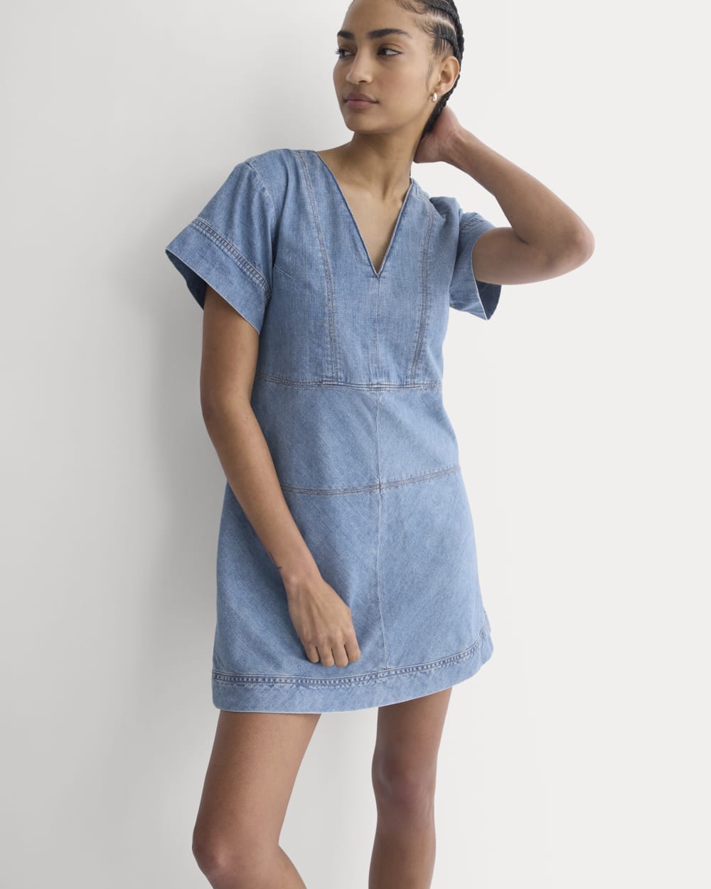 Denim Short-Sleeve Dress in Light Indigo — front view