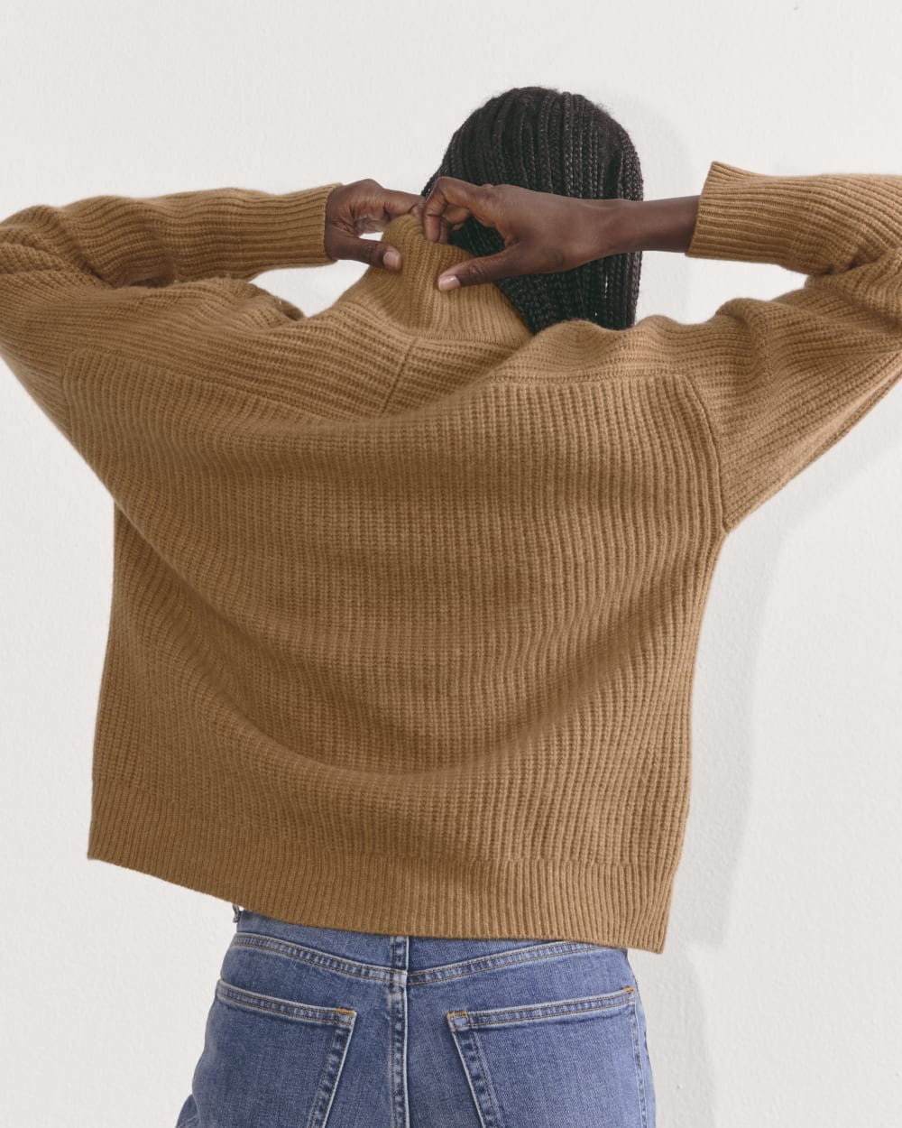 The Half-Zip Sweater in Luxe Merino in Deep Camel — detail view