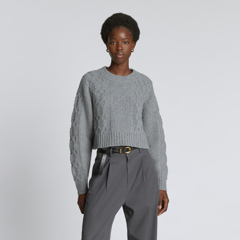 The Felted Merino Cropped Cable Sweater in Heathered Mid-Grey — front view