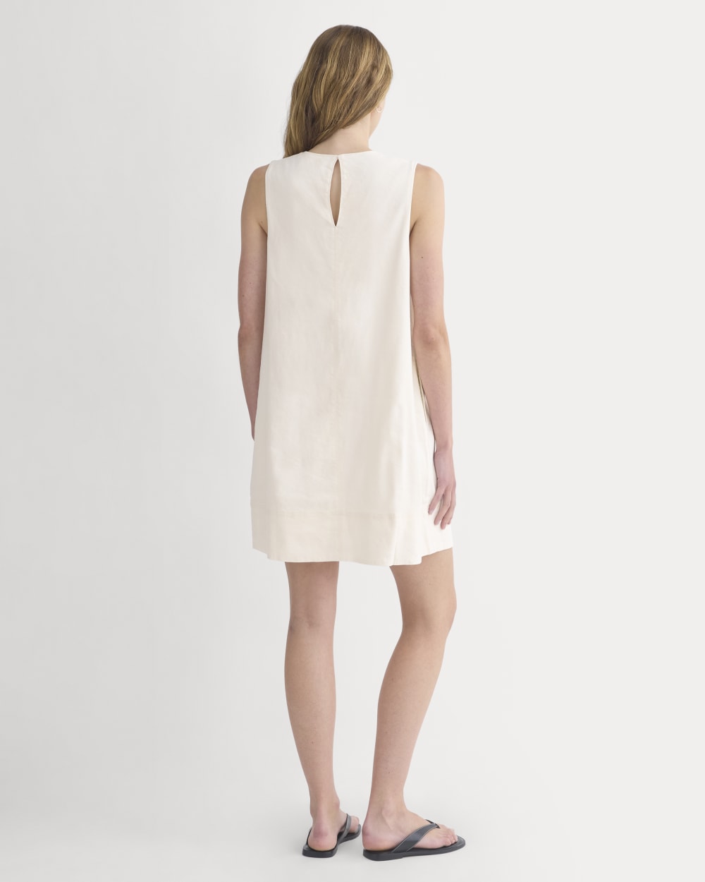 The Shift Dress in Stretch Linen in Bone — detail view