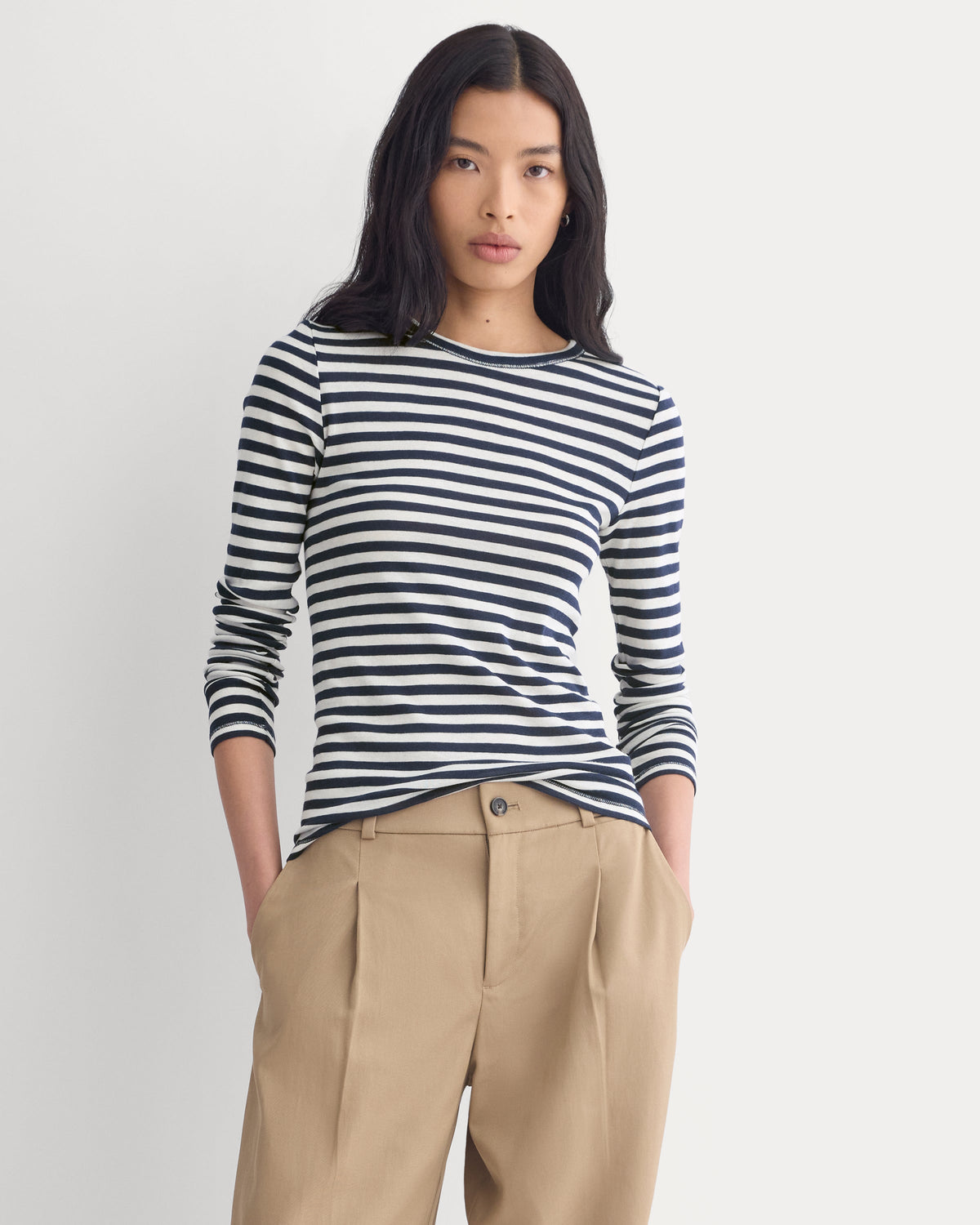 Tissue Long-Sleeve Crew in Bone / Navy — front view