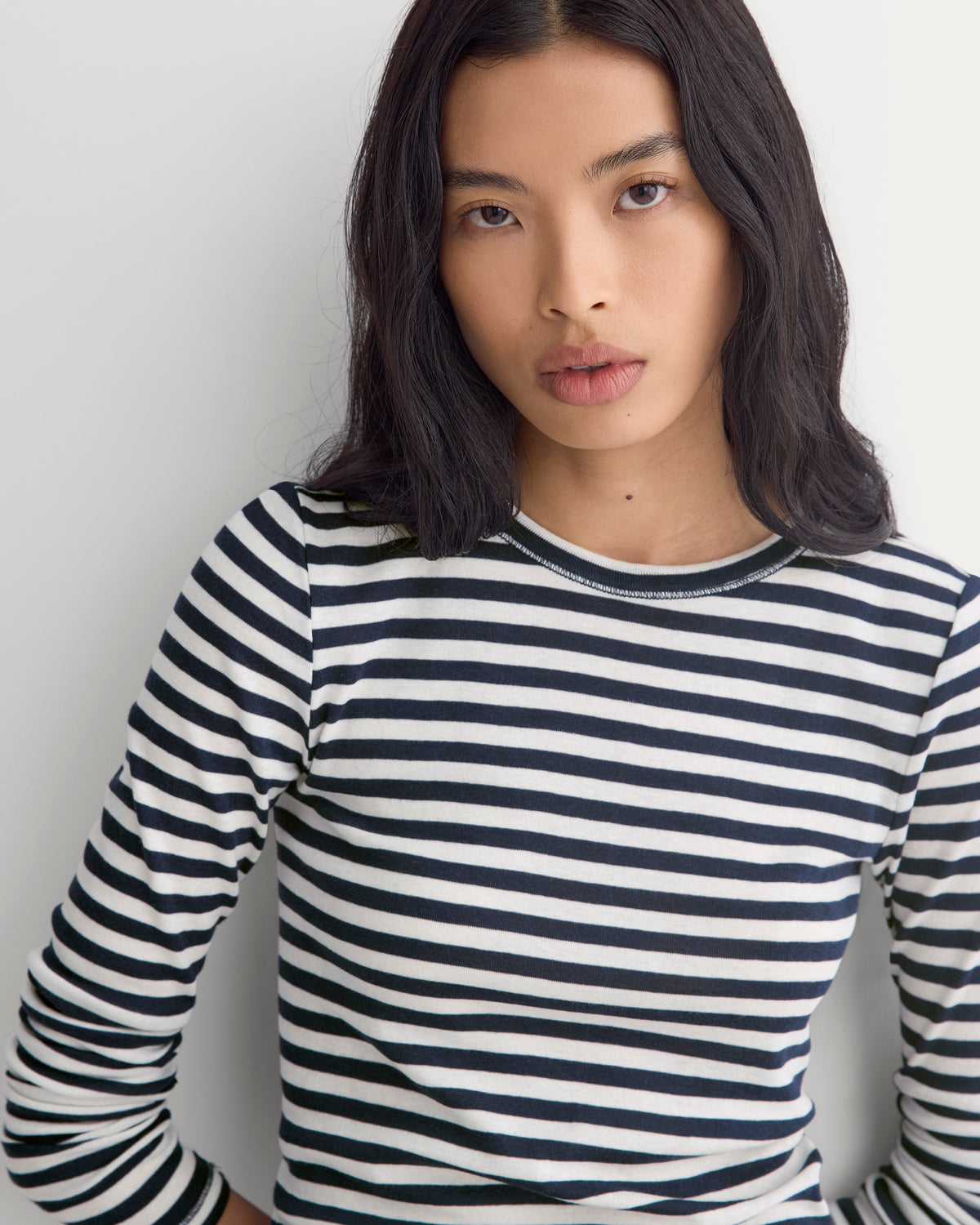 Tissue Long-Sleeve Crew in Bone / Navy — detail view