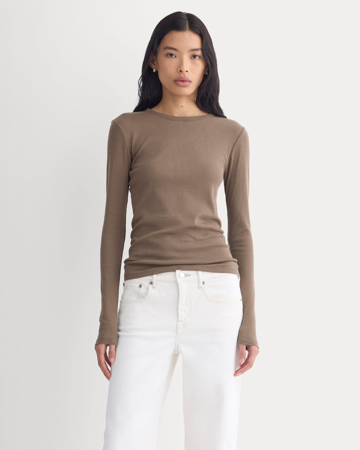 Tissue Long-Sleeve Crew in Deep Taupe — front view