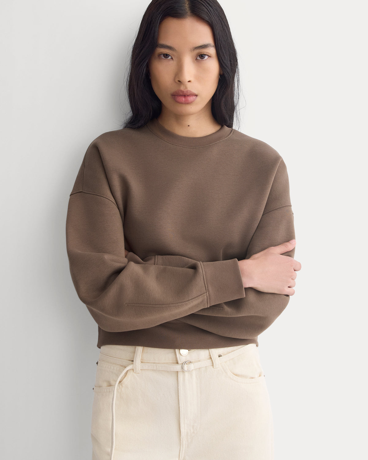 Luxe Fleece Shrunken Crew in Chocolate — front view