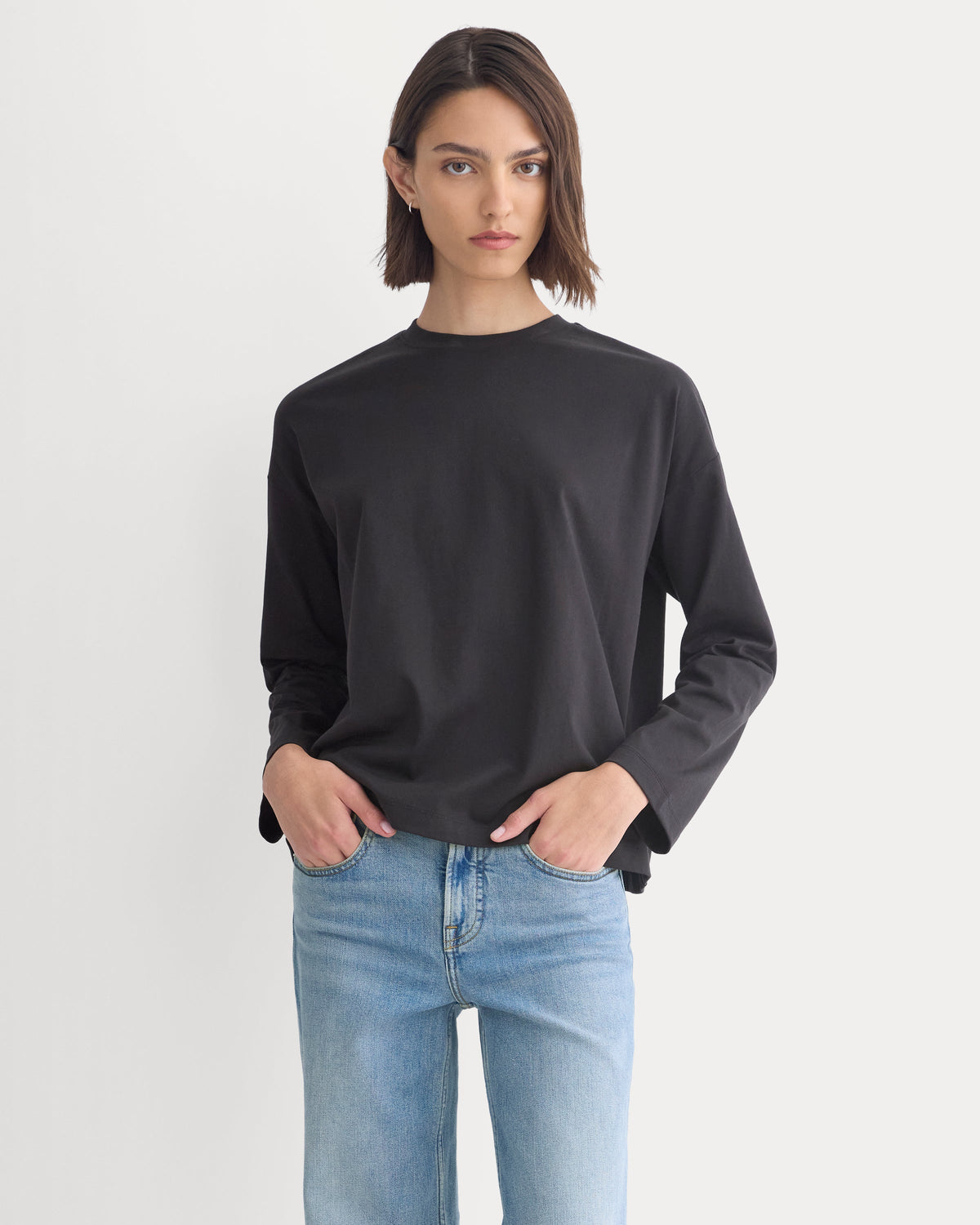 Forever Jersey Boxy Long-Sleeve Crew in Black — front view