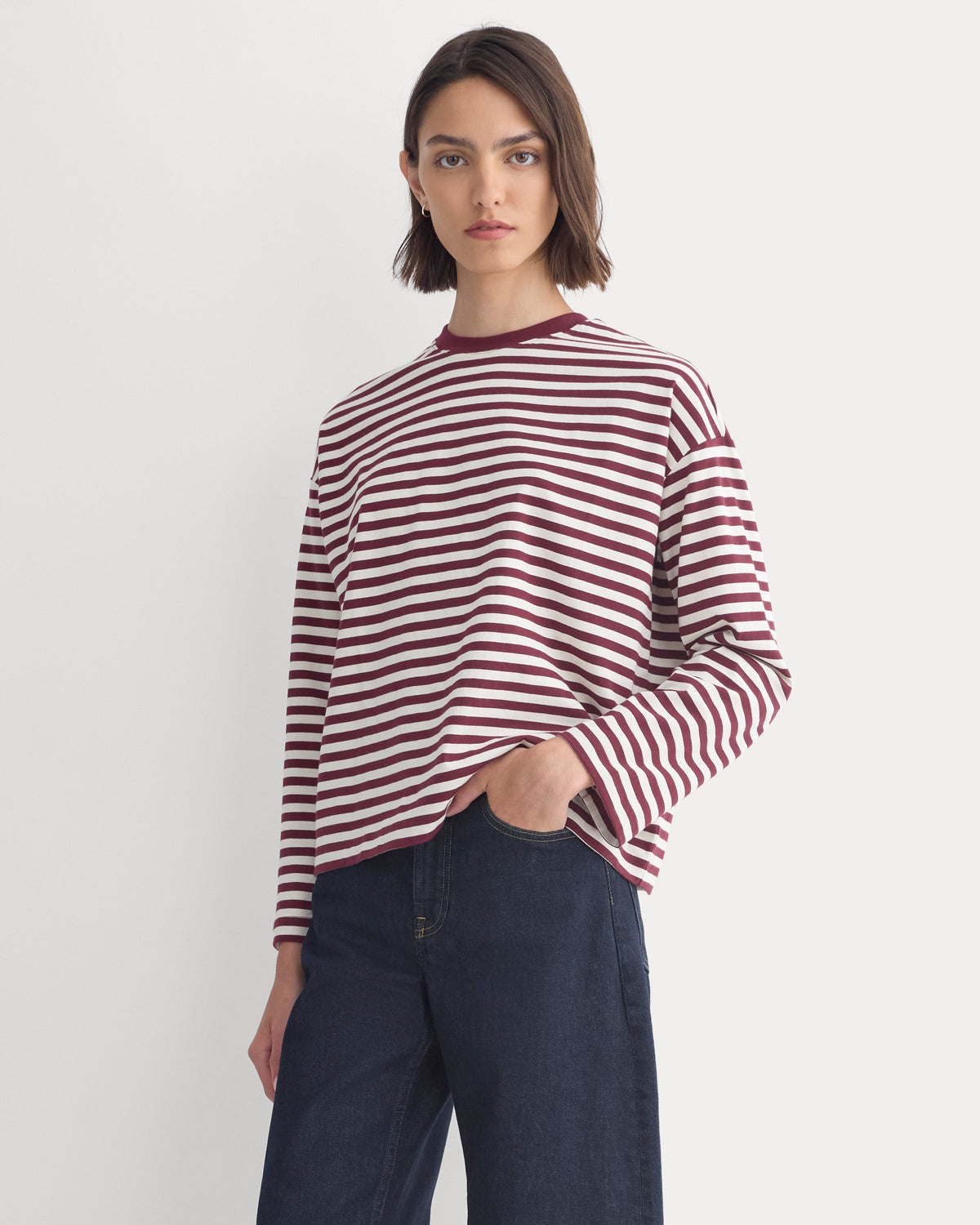 Forever Jersey Boxy Long-Sleeve Crew in Cabernet / Birch — detail view