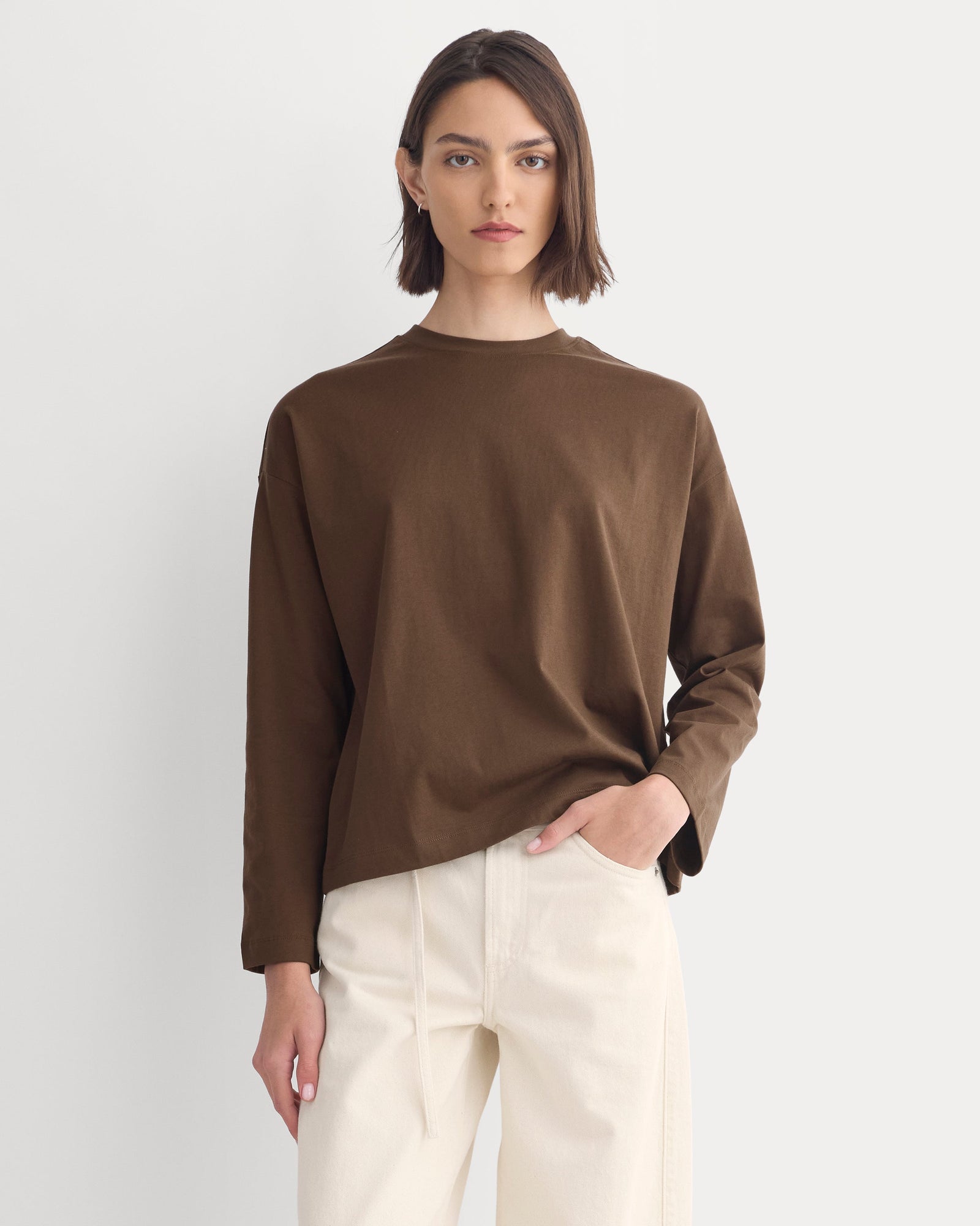 Forever Jersey Boxy Long-Sleeve Crew in Cocoa — detail view