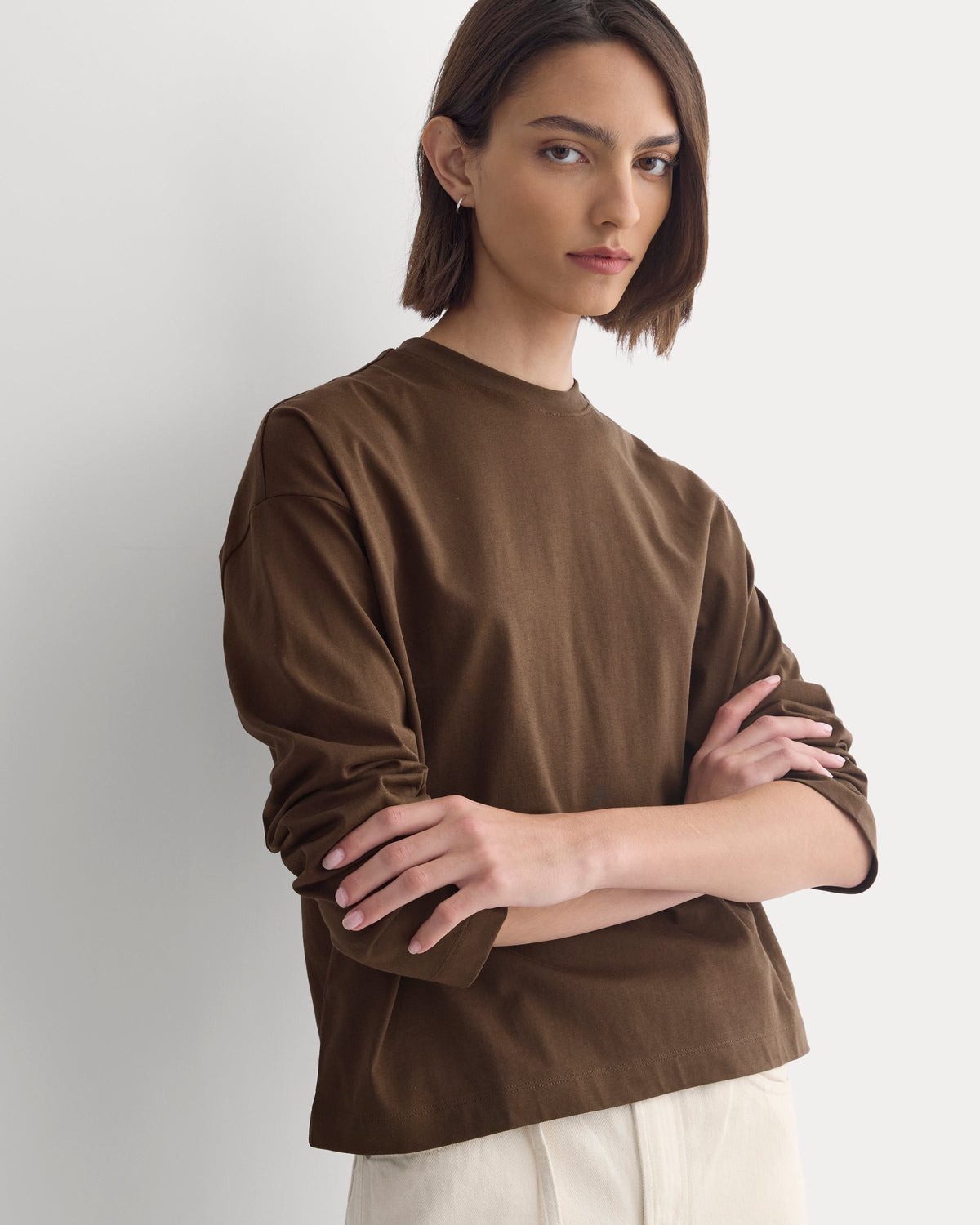 Forever Jersey Boxy Long-Sleeve Crew in Cocoa — front view