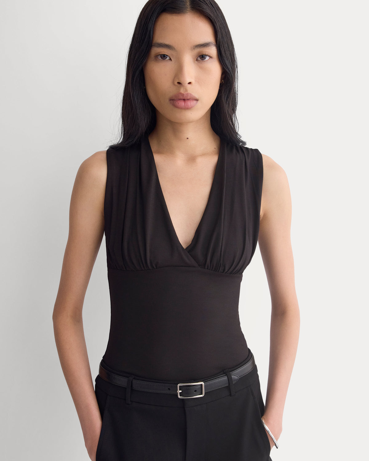 Drapey Jersey V-Neck Top in Black — front view