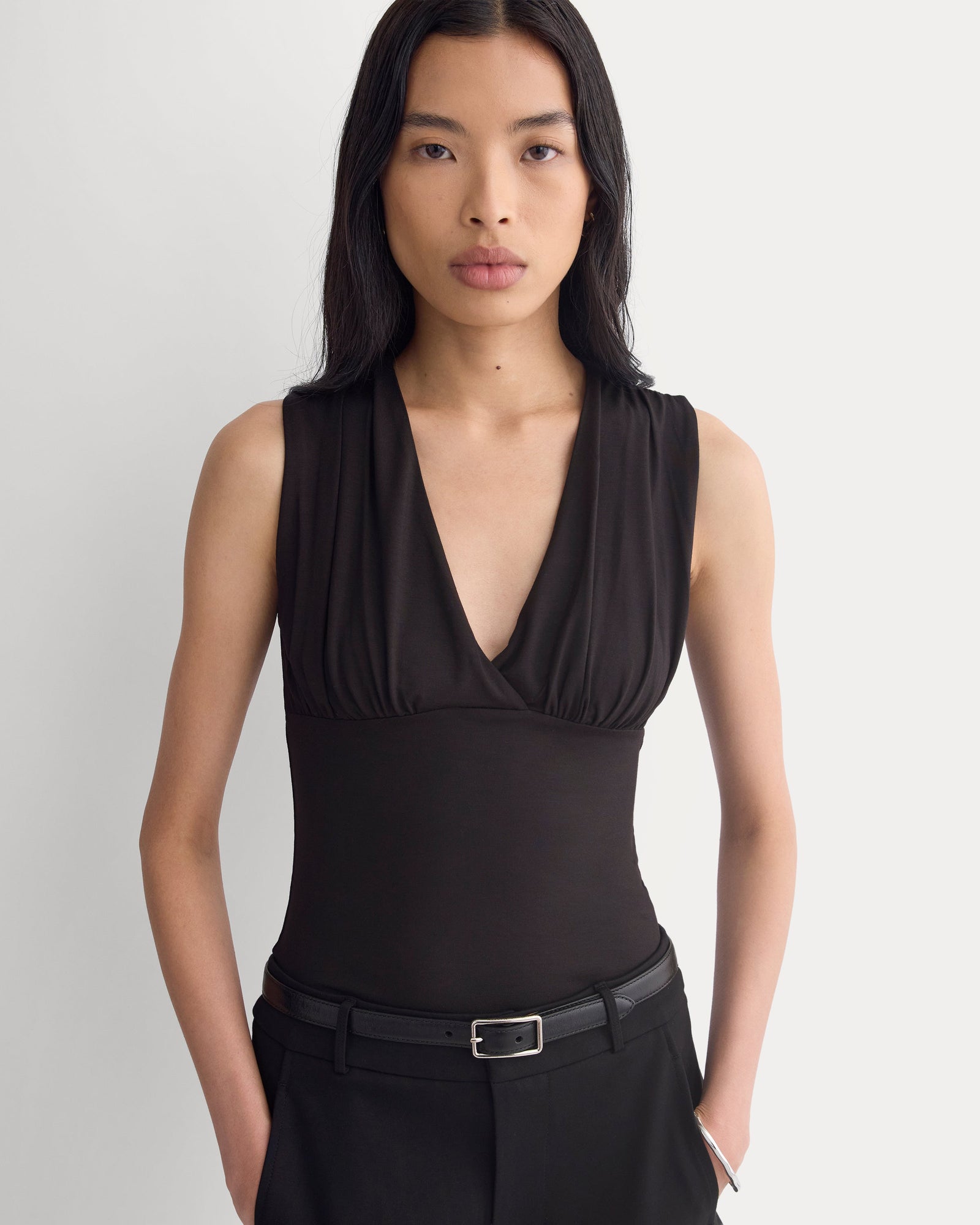 Drapey Jersey V-Neck Top in Black — front view