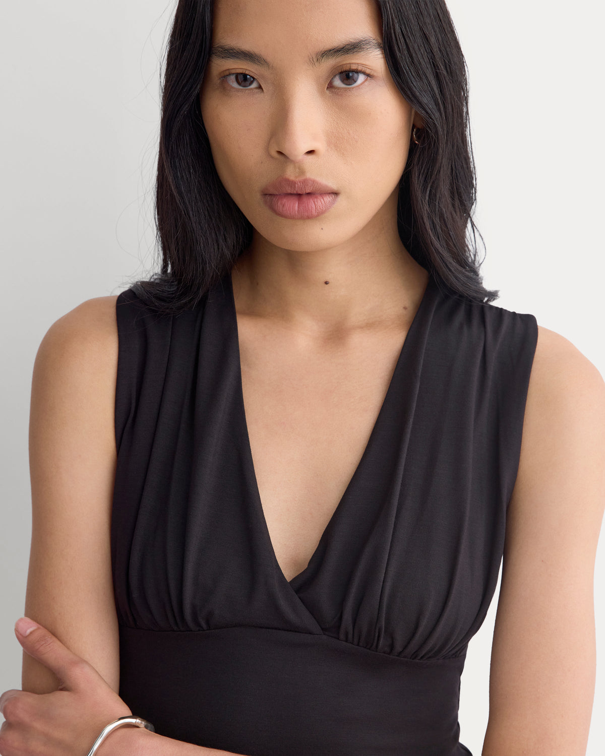 Drapey Jersey V-Neck Top in Black — detail view