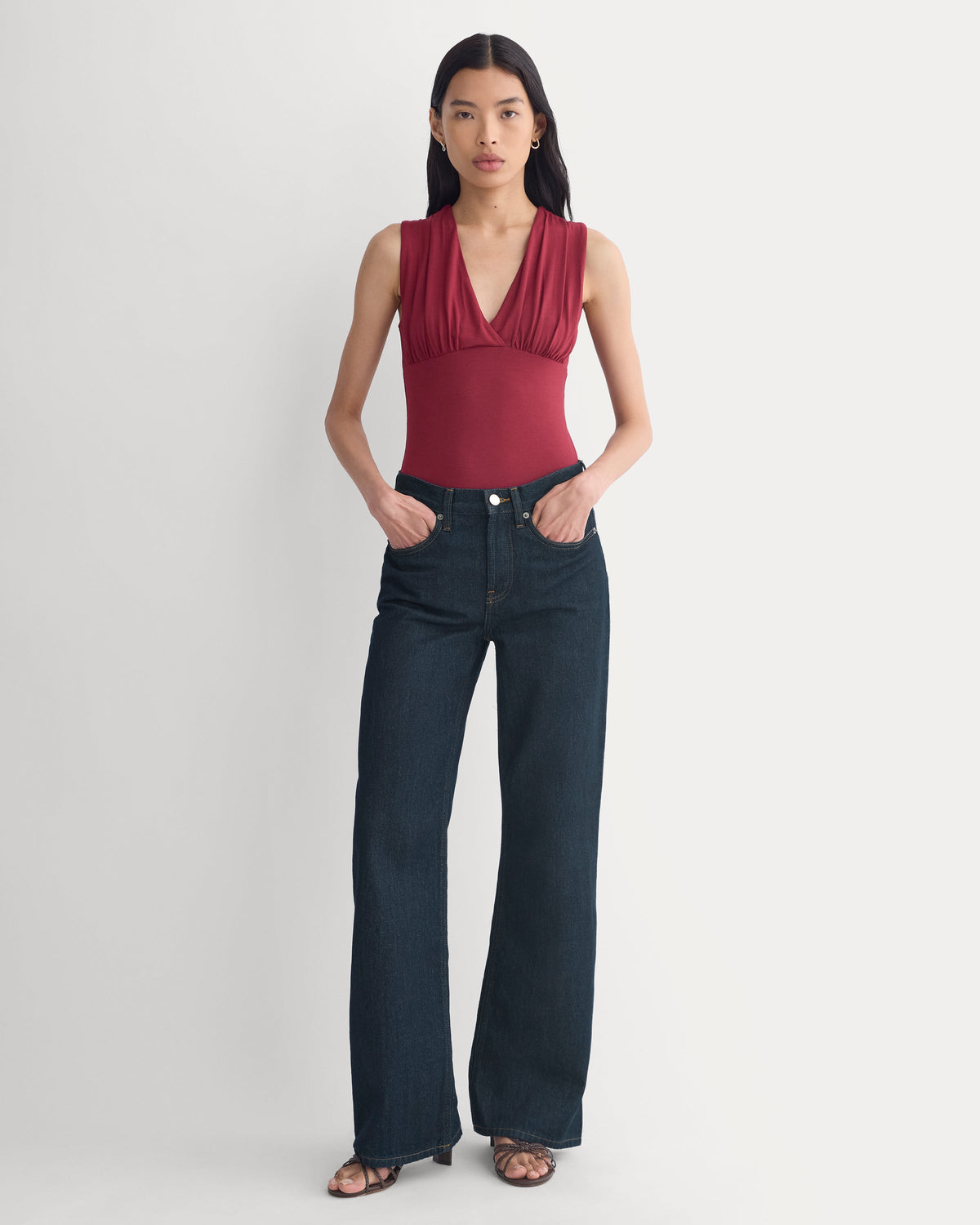 Drapey Jersey V-Neck Top in Cabernet — detail view