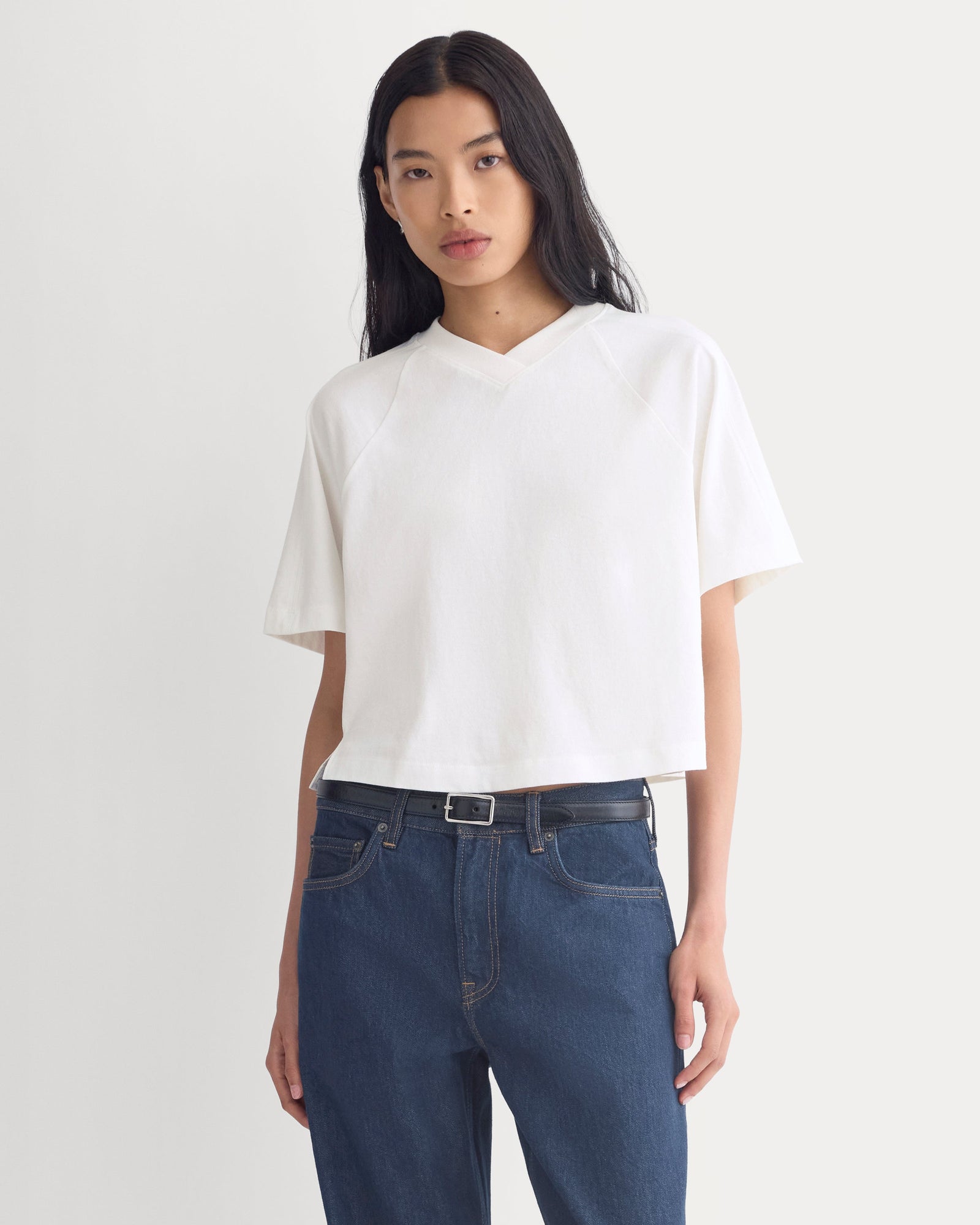 Premium Weight Cropped Paneled Tee in White — front view