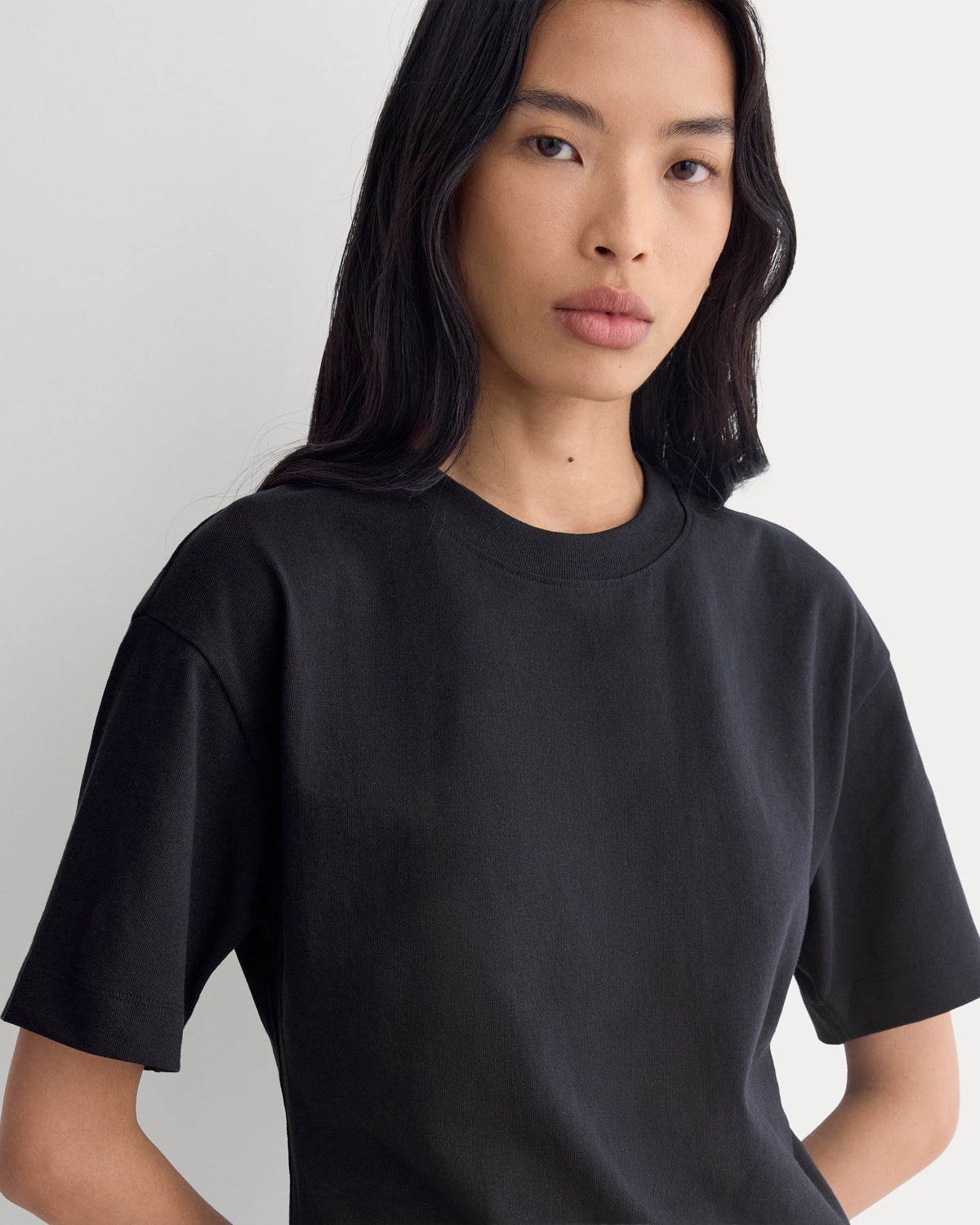 Premium Weight Back Slit Tee in Black — detail view