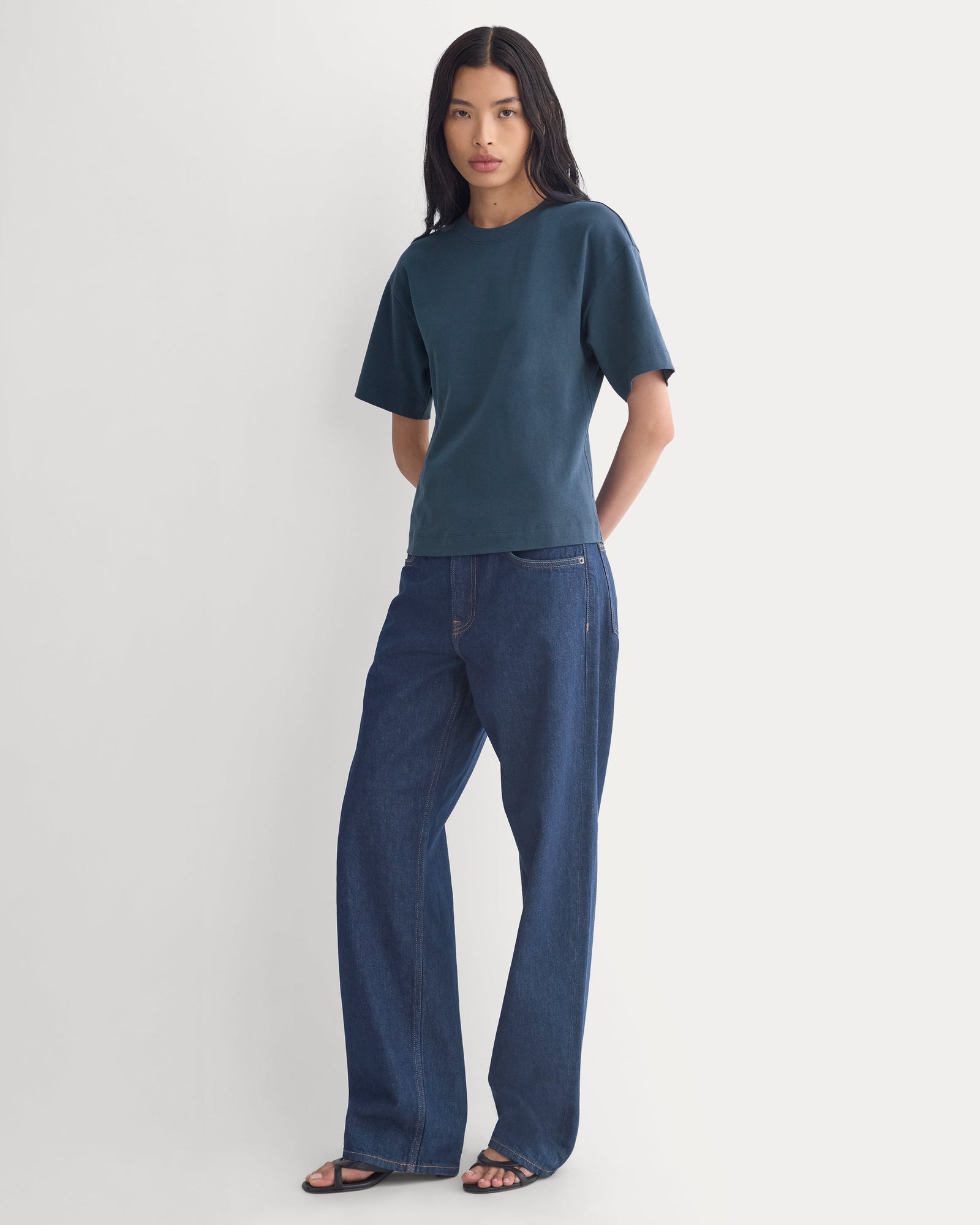Premium Weight Back Slit Tee in Midnight Navy — detail view