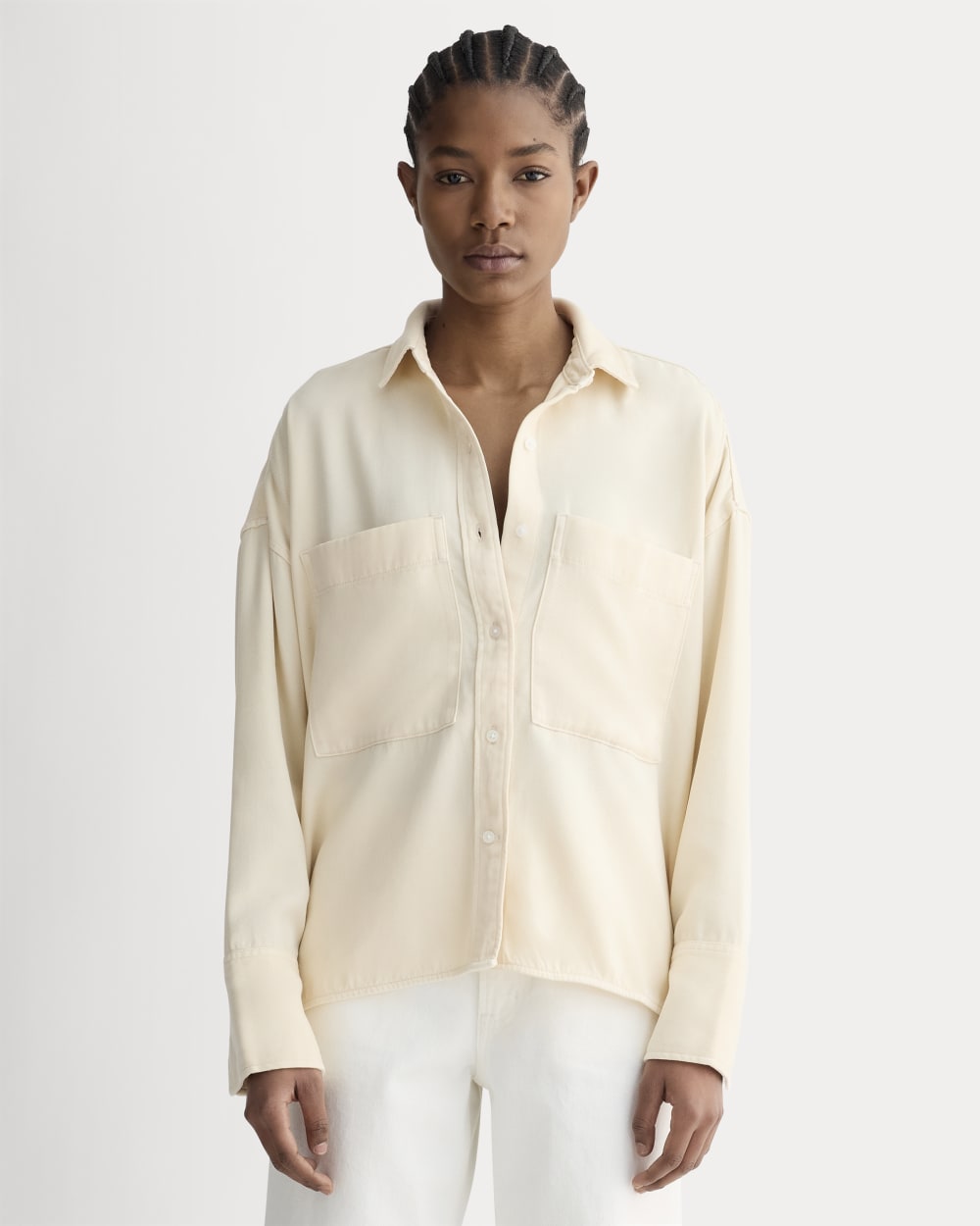 The Boxy Overshirt in Buttersoft in Parchment — front view