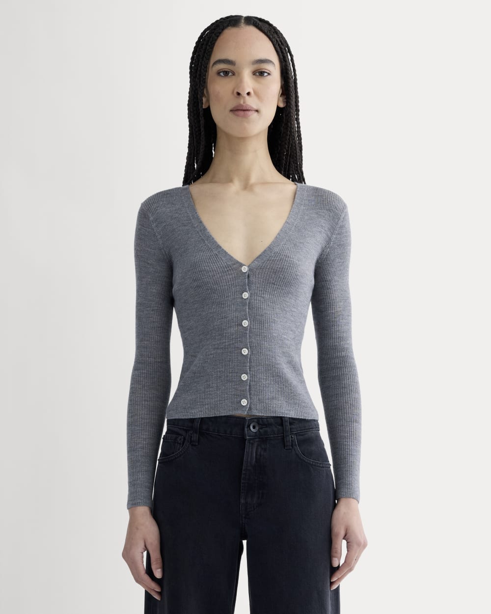 The Cardigan in Ultrasoft Merino in Heather Mid Grey — front view