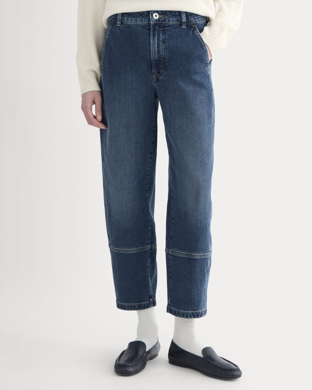 The Utility Barrel Pant in Deep Blue Indigo — detail view