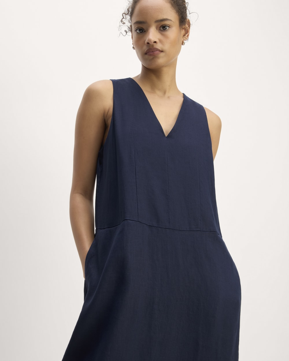 The Linen V-Neck Maxi Dress in Navy — detail view