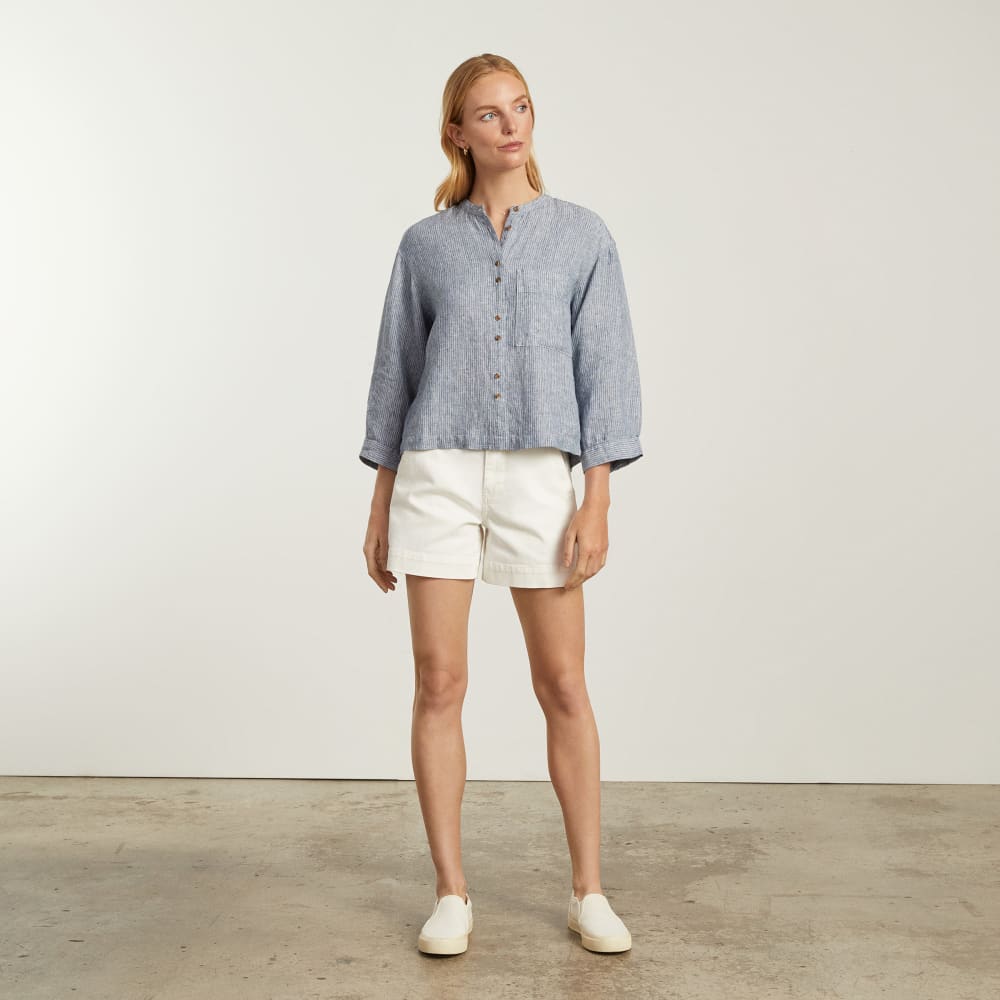 The Linen Billow Blouse in Blue Pinstripe — detail view