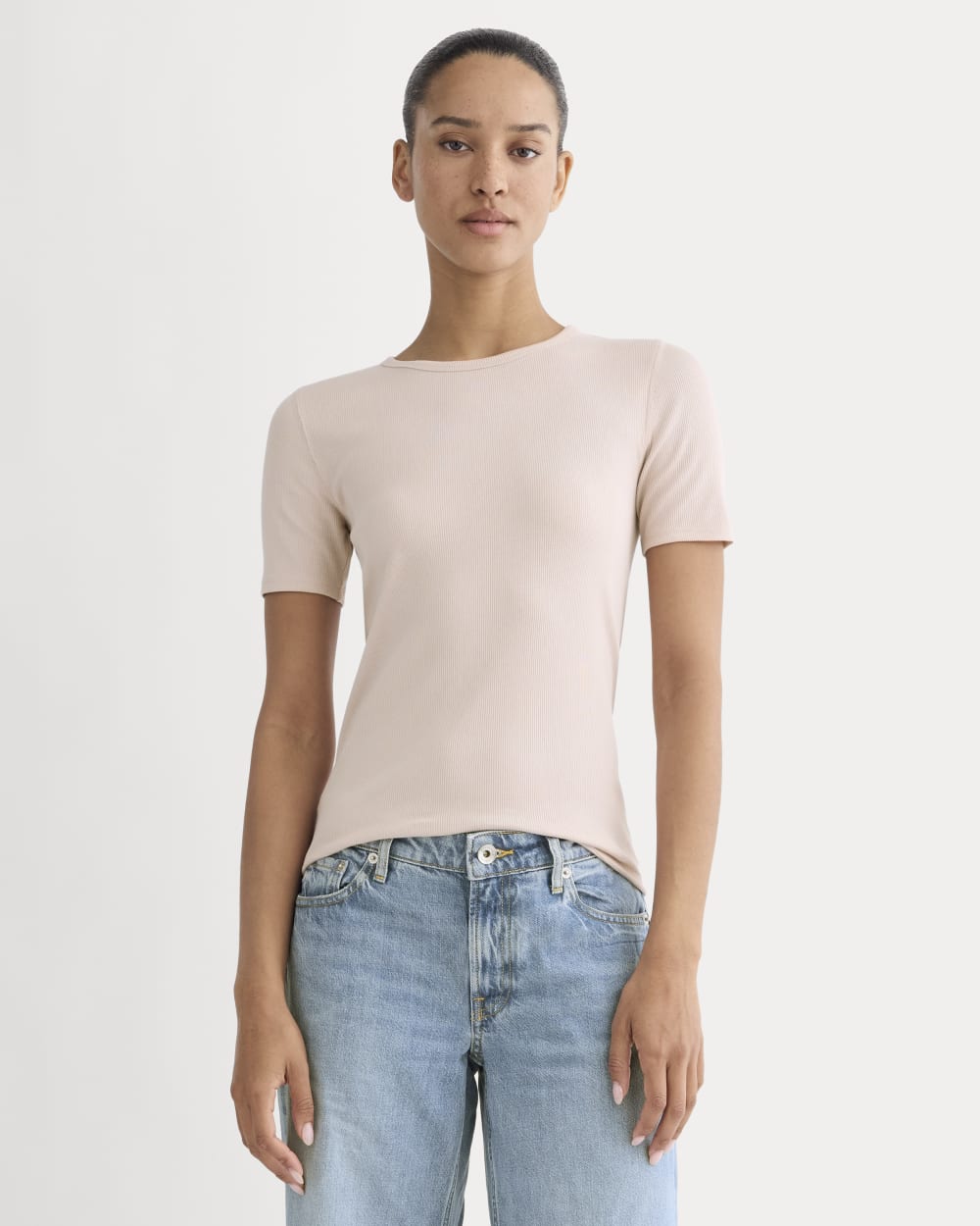 The Luxe Rib Crew in Soft Rose — front view