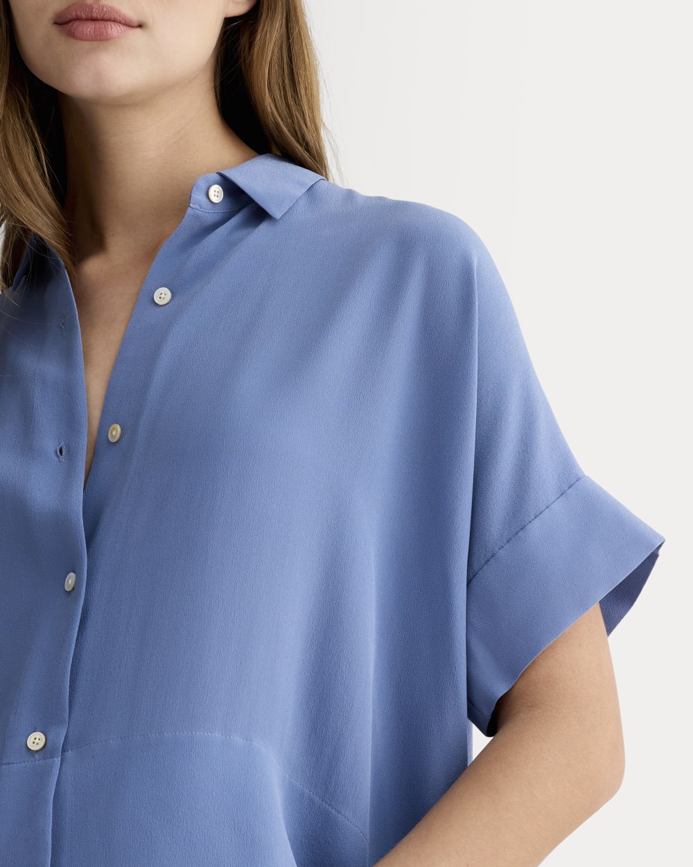 The Boxy Shirt in Washable Silk in French Blue — detail view
