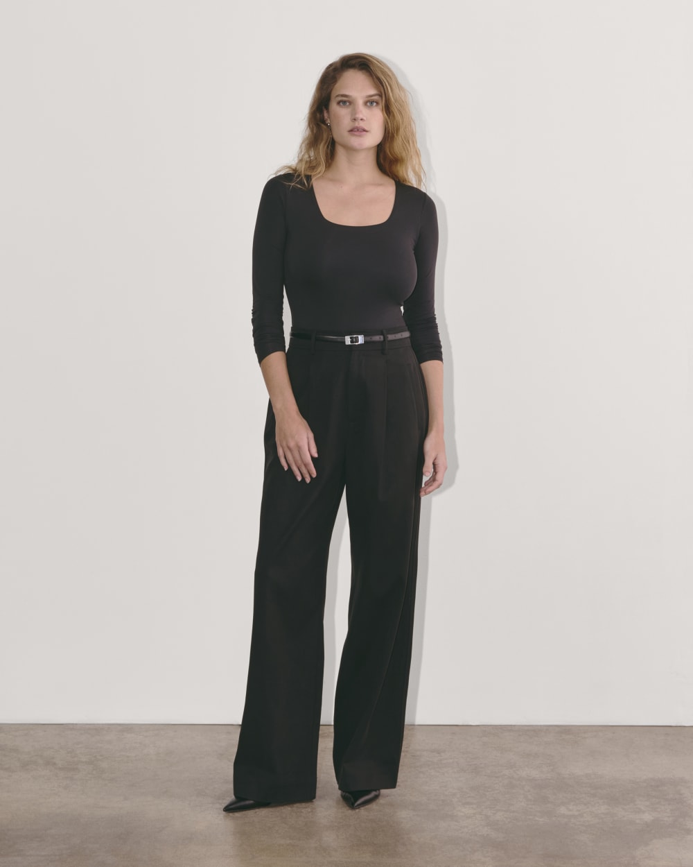 The Long-Sleeve Supima® Square-Neck Bodysuit in Black — front view