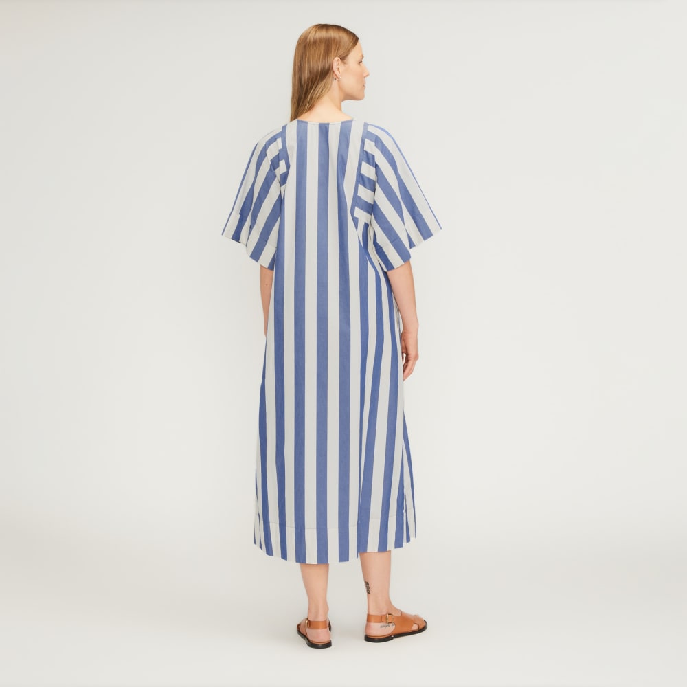 The Poplin Caftan Dress in Mazarine Blue / Bone — detail view
