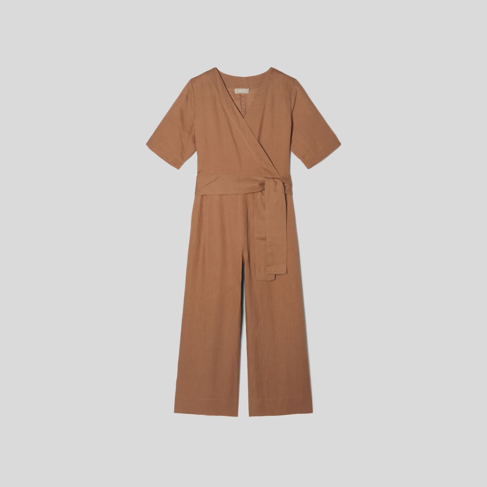 The Wrap Jumpsuit in Linen in Carob Brown — alternate view