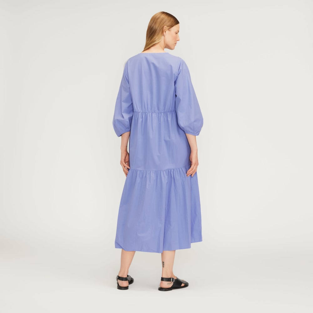 The Poplin Tiered Dress in Cornflower Blue — detail view