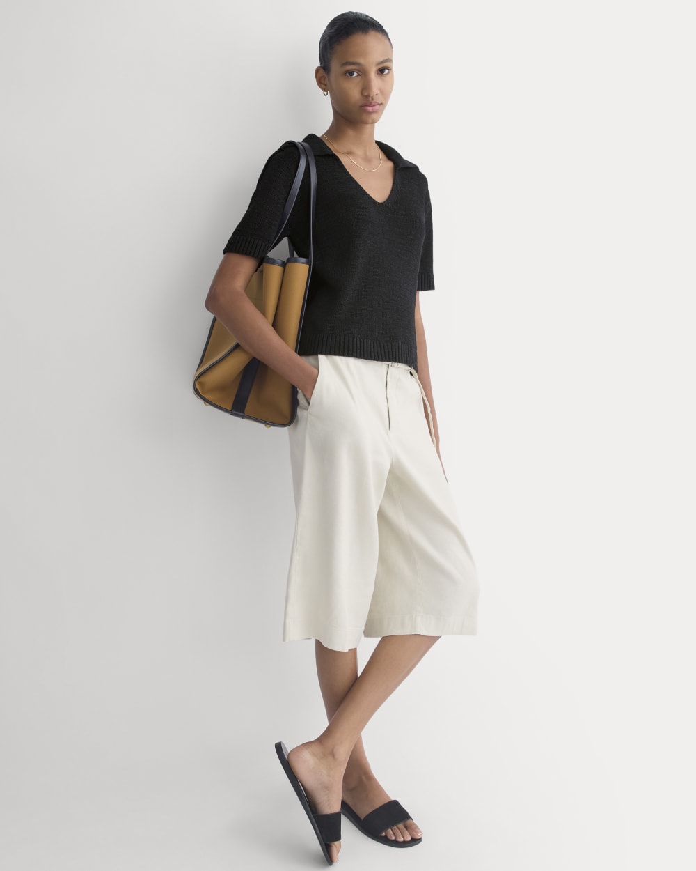 Open Collar Polo in Black — detail view