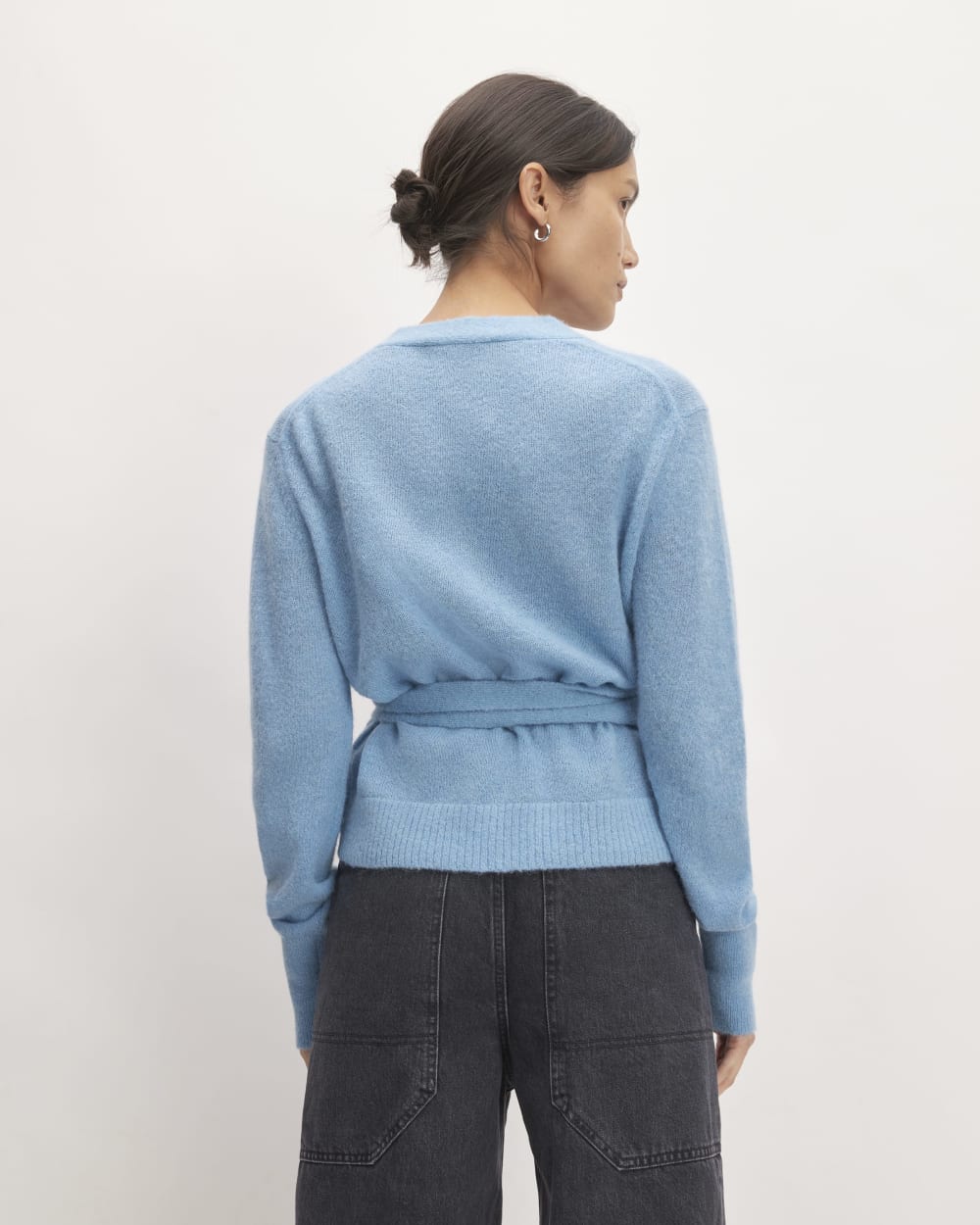The Alpaca Wrap Sweater in Heritage Blue — detail view