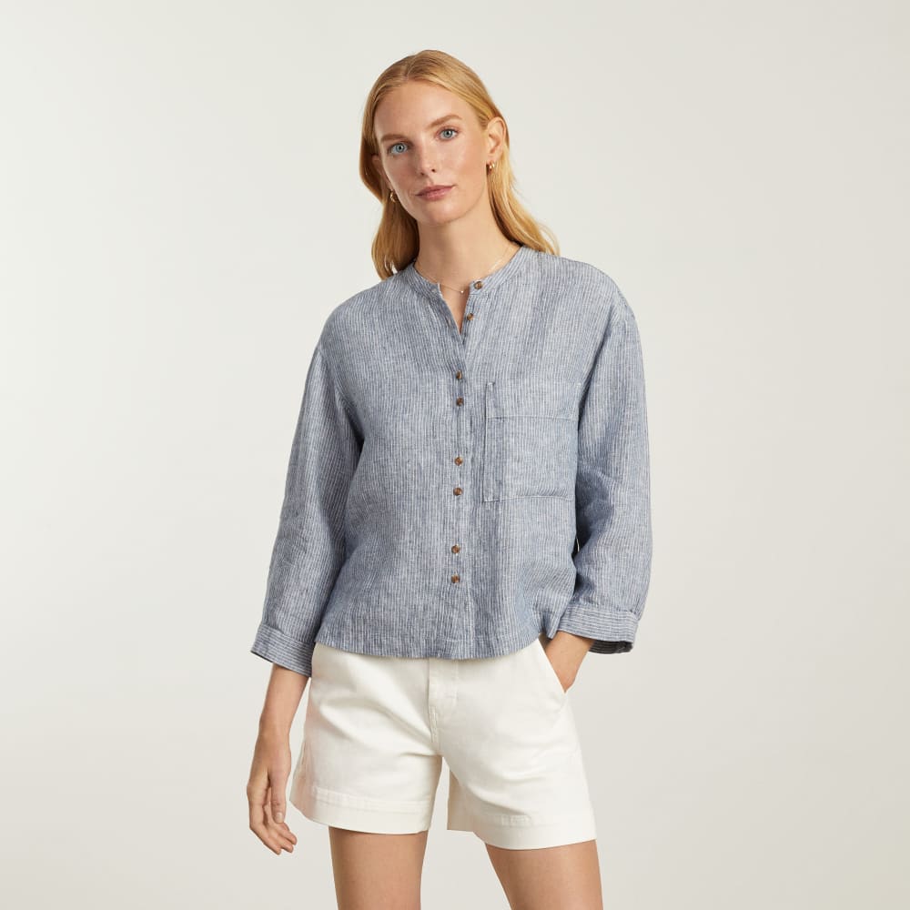 The Linen Billow Blouse in Blue Pinstripe — alternate view