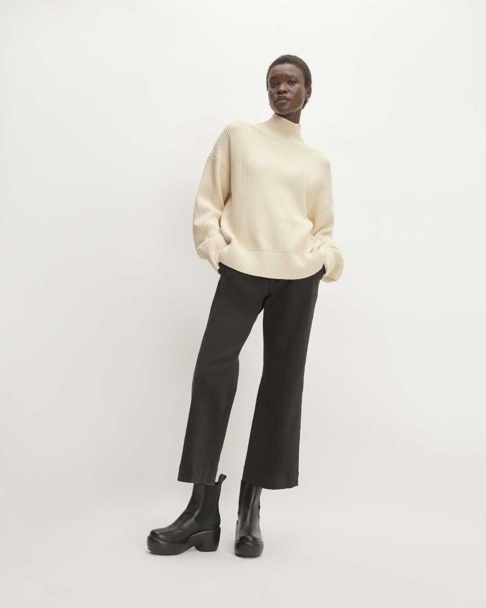 The Organic Cotton Ribbed Turtleneck in Canvas — detail view