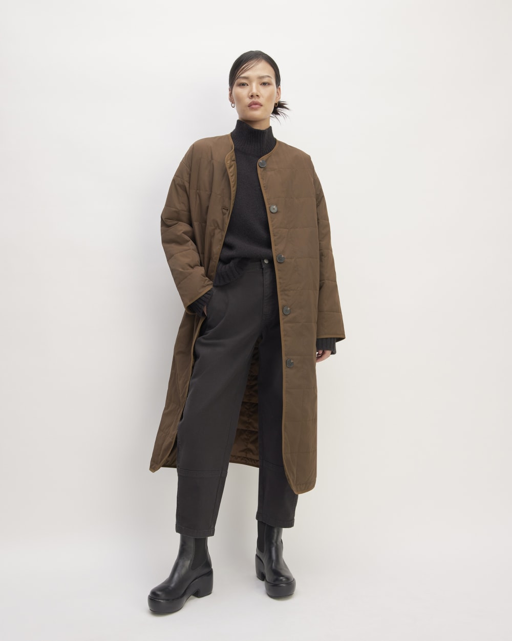 The ReNew Quilted Long Liner in Cocoa — front view