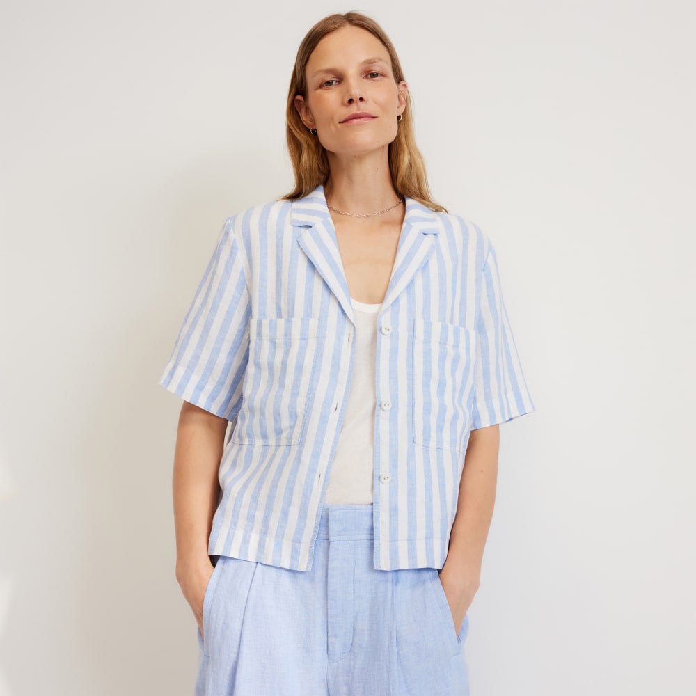 The Linen Workwear Shirt in Blue / White — front view