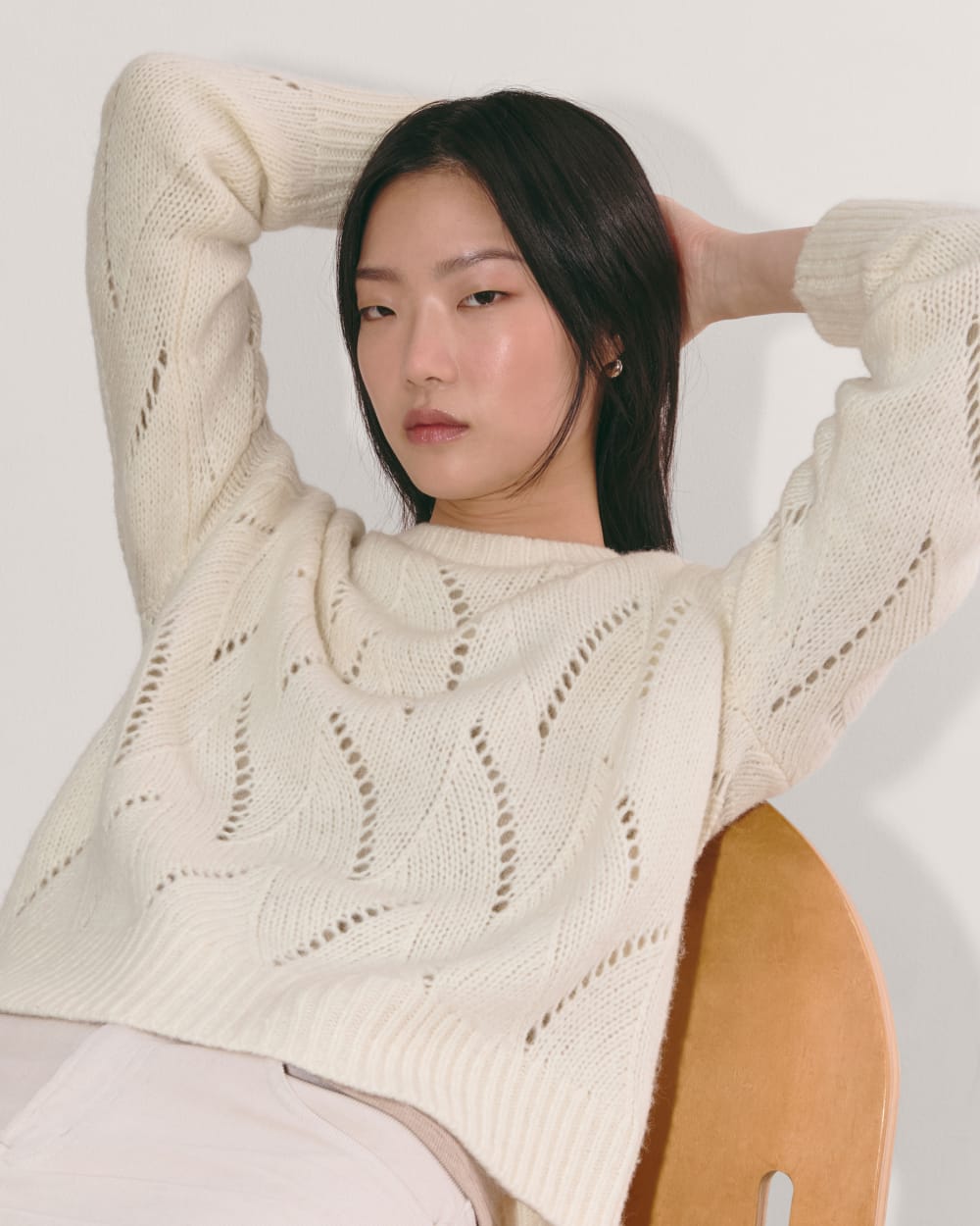 The Pointelle Sweater in Cloud in Bone — detail view