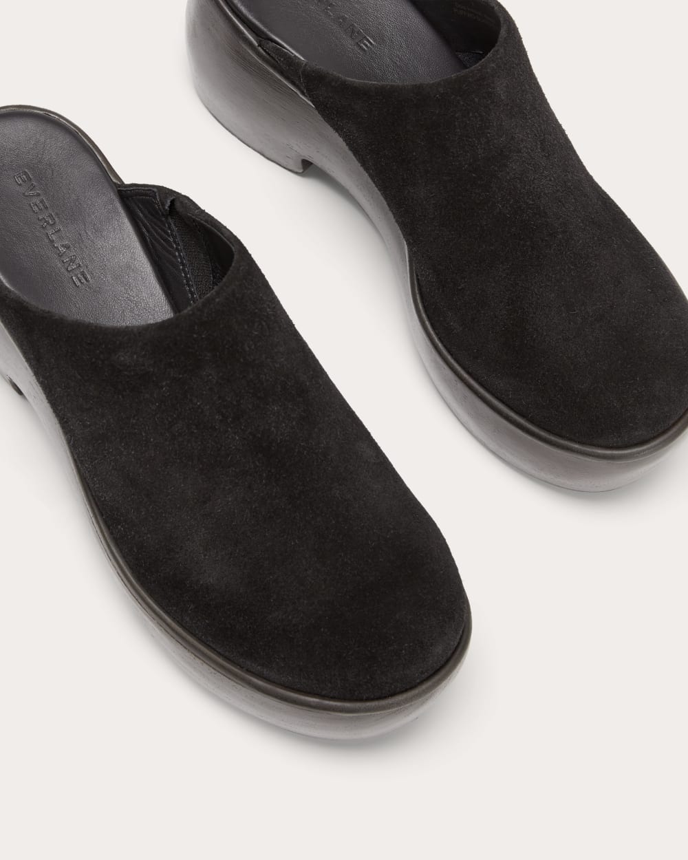 The Wooden Puffa Clog in Black Suede — detail view