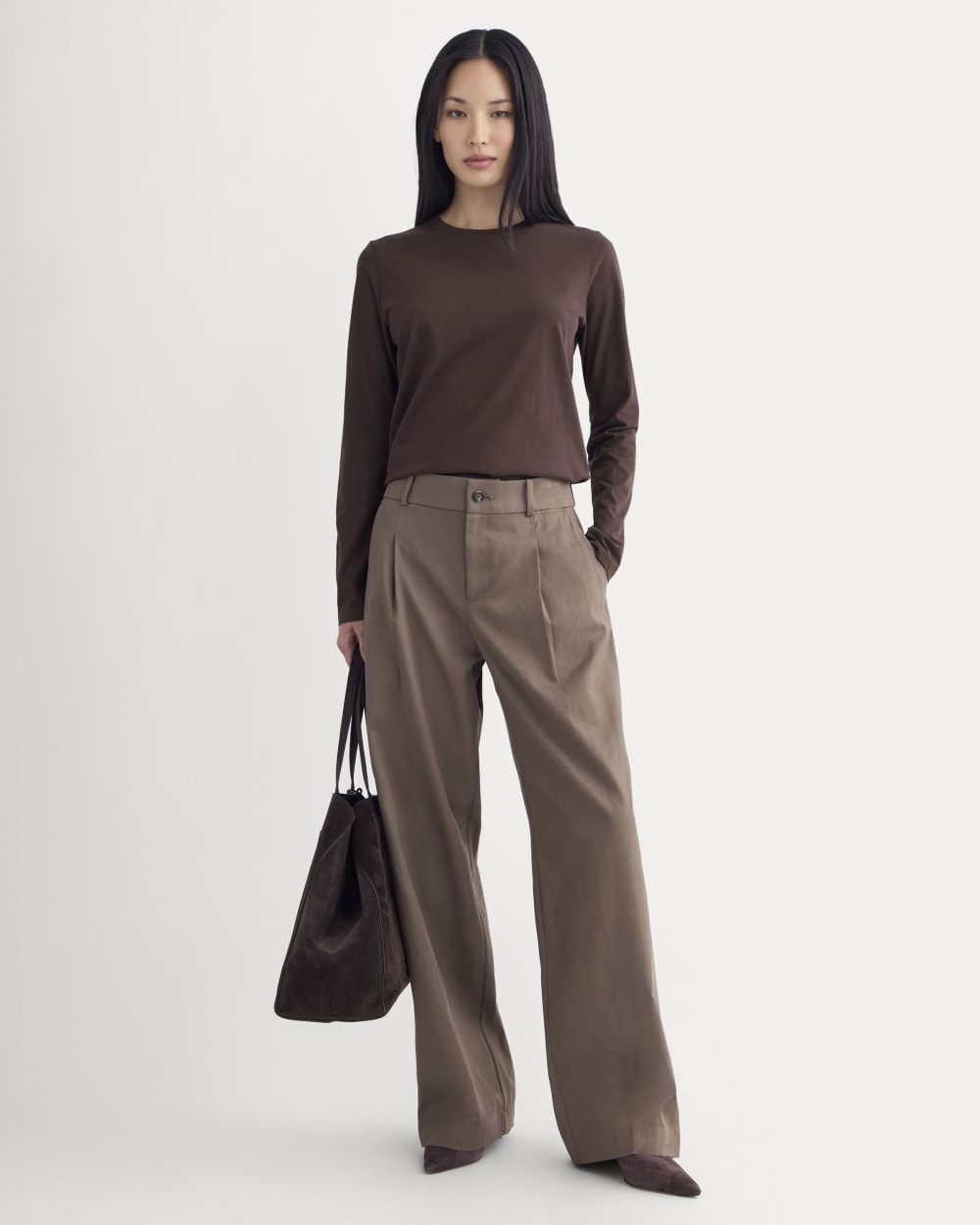 The Slim Long-Sleeve Crew in Essential Cotton in Dark Chocolate — detail view
