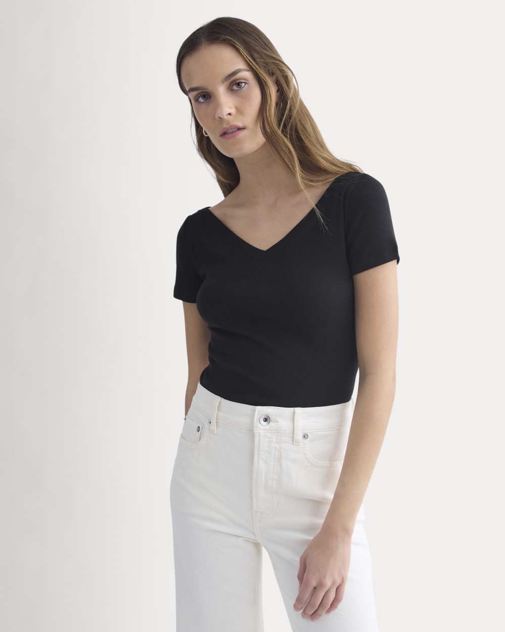 Tissue Short-Sleeve V-Neck Top in Black — front view
