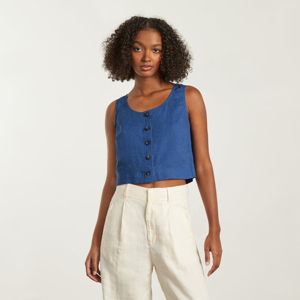 The Linen Button-Front Crop Tank in Deep Blue — alternate view